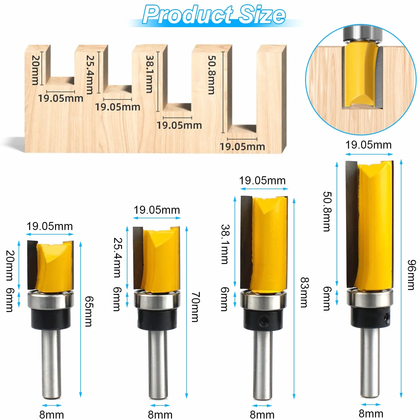 Lot de 4 Fraises pour Défonceuses 8mm, Fraise Metal Defonceuse a Bois, pour le Bois Massif, Outil de Coupe Professionnel le Panneau de Particules, le MDF, etc. (4)