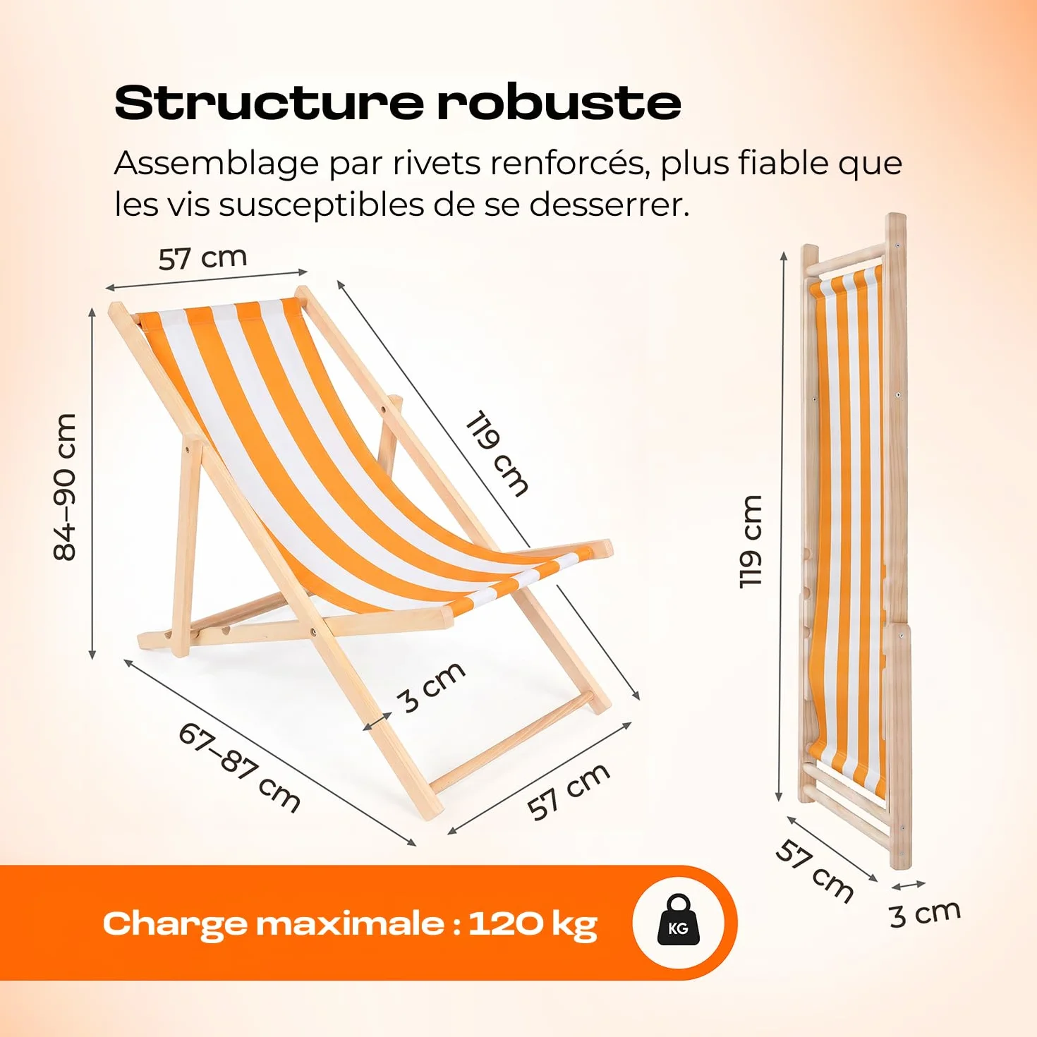 Chaise Longue Transat Jardin Pliable Bois Hêtre Réglable 3 Positions 120 kg Blanc & Orange