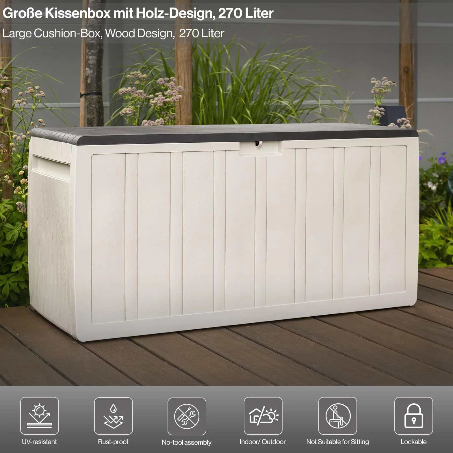 Kreher XXL Coffre à coussins Boîte de rangement Leonardo 270 L crème-blanc robuste lavable