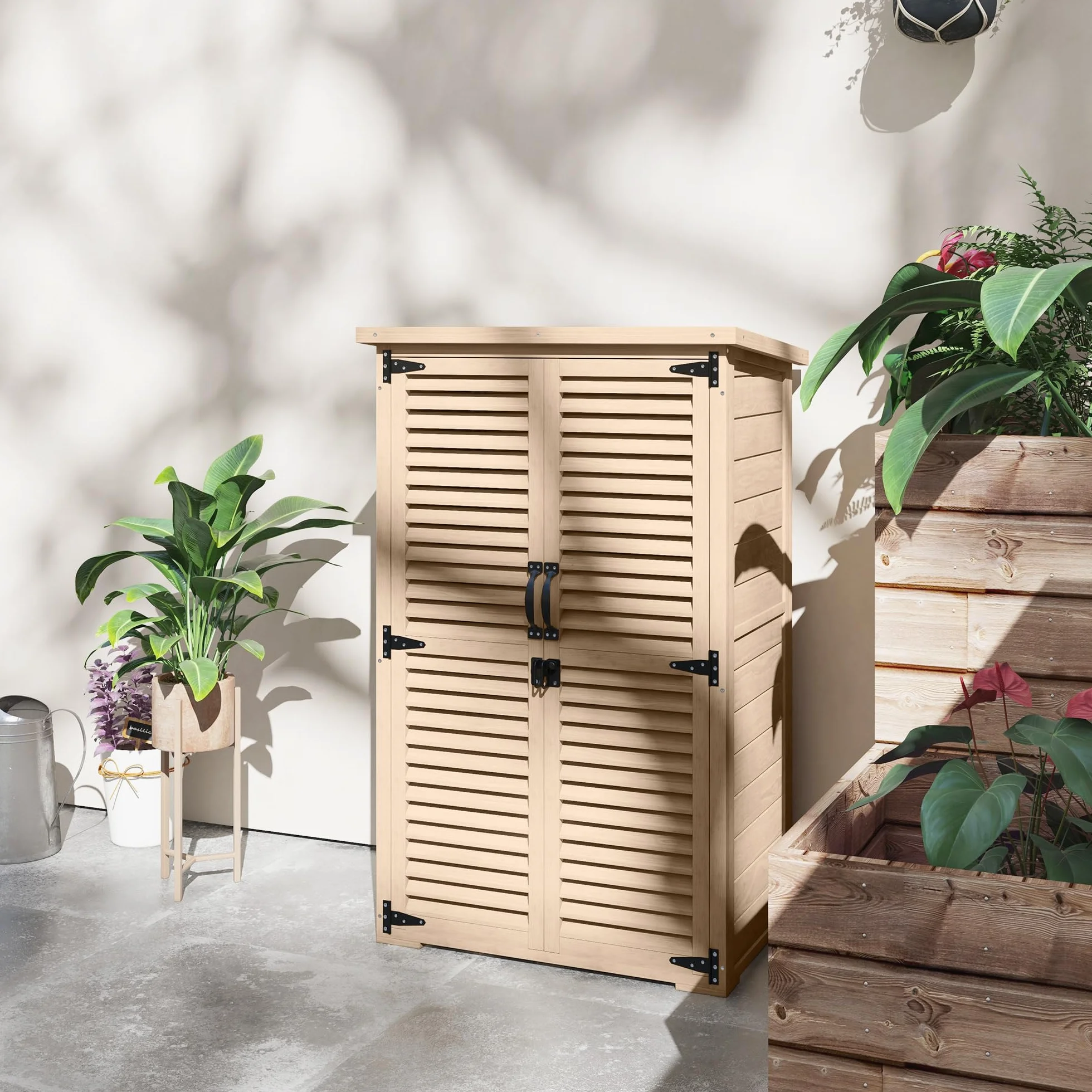 Outsunny Armoire de Jardin Bois Toit bitumé 2 étagères Portes persiennes verrouillable 75x50x118