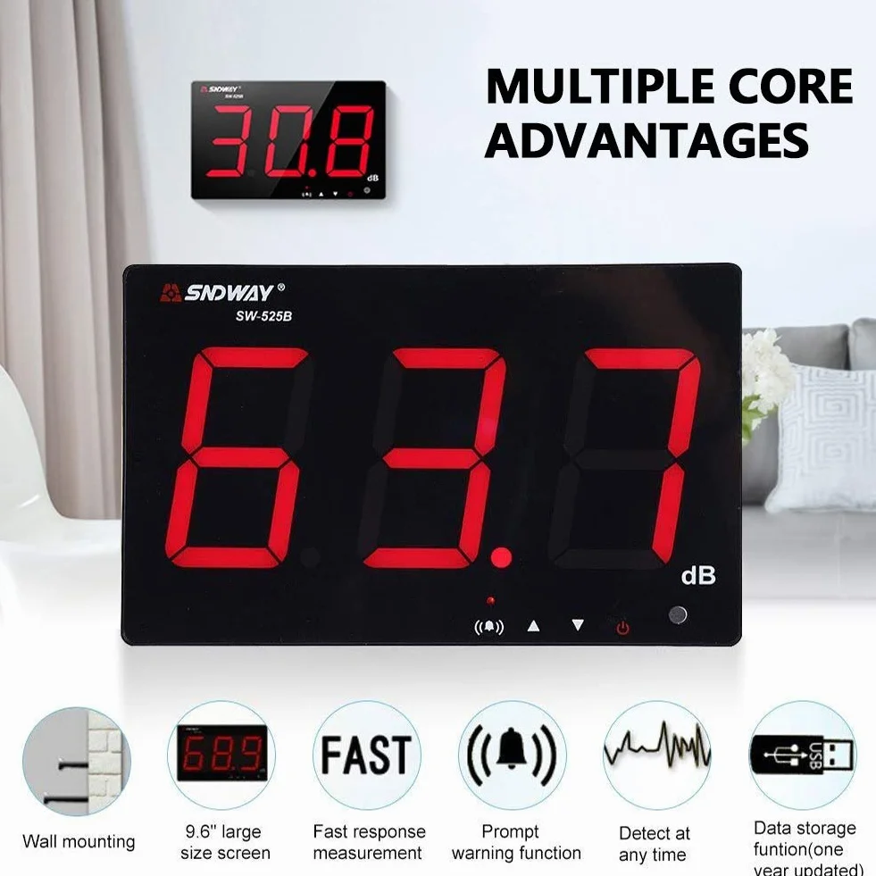 30~130 dB Sonomètre de Numérique Monté au Mur Sonomètre Enregistreur avec 9.6" Affichage LCD USB Testeur de Mesure de Bruit avec Enregistreur de Données et Alarme(SW-525B)