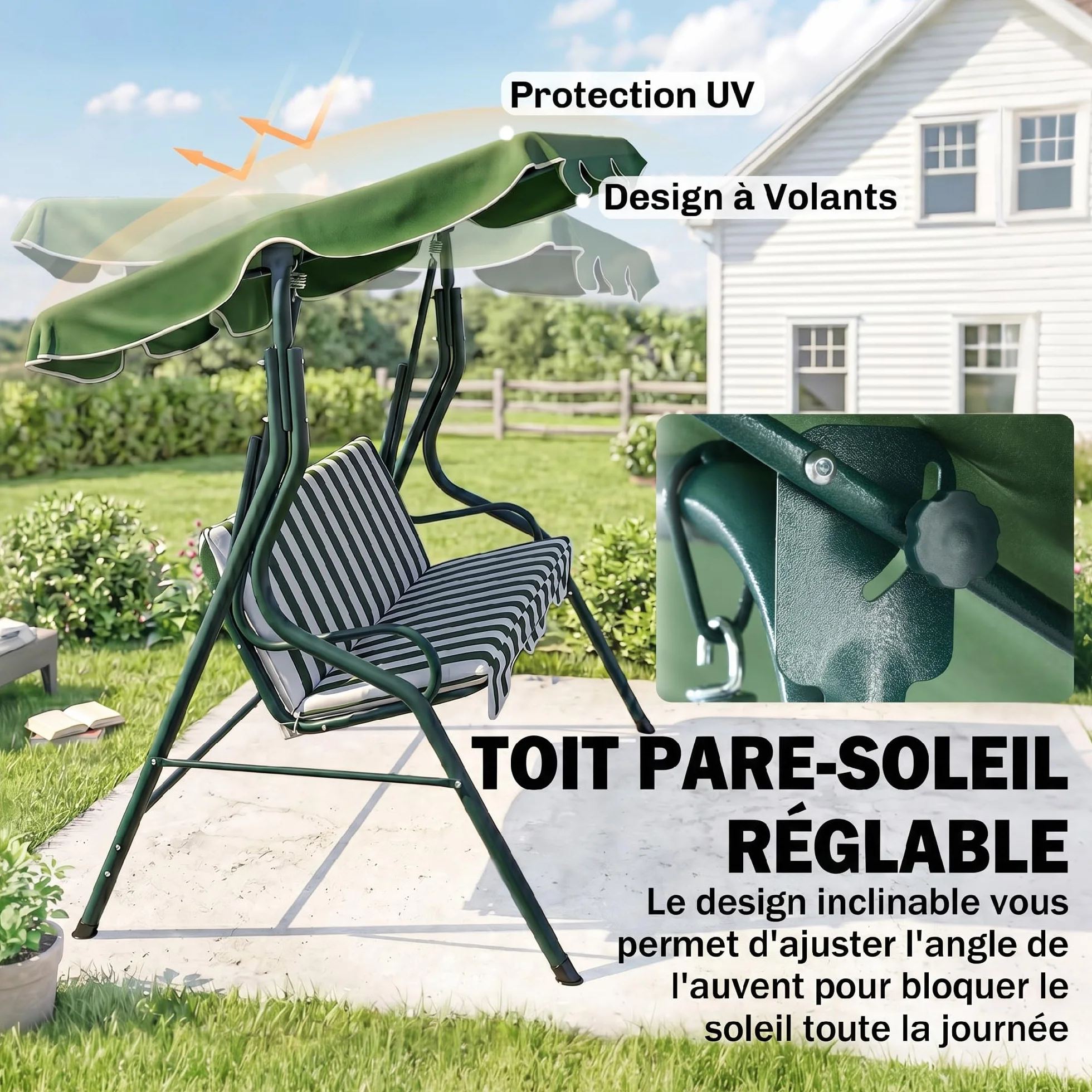 Outsunny Balancelle de Jardin 3 Places Toit imperméabilisé Inclinaison réglable Acier Polyester Vert Blanc rayé 1,7L x 1,1l x 1,53H m