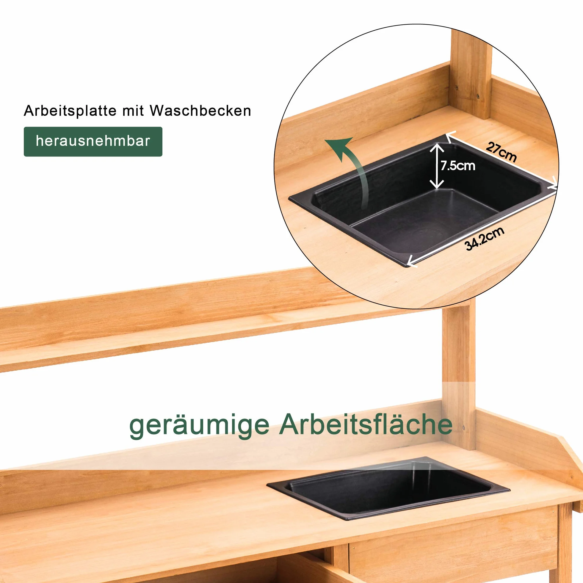 MCombo 0458 Table de Jardinage avec lavabo tiroir étagère Bois résistant intempéries 115x45x121 cm Naturel