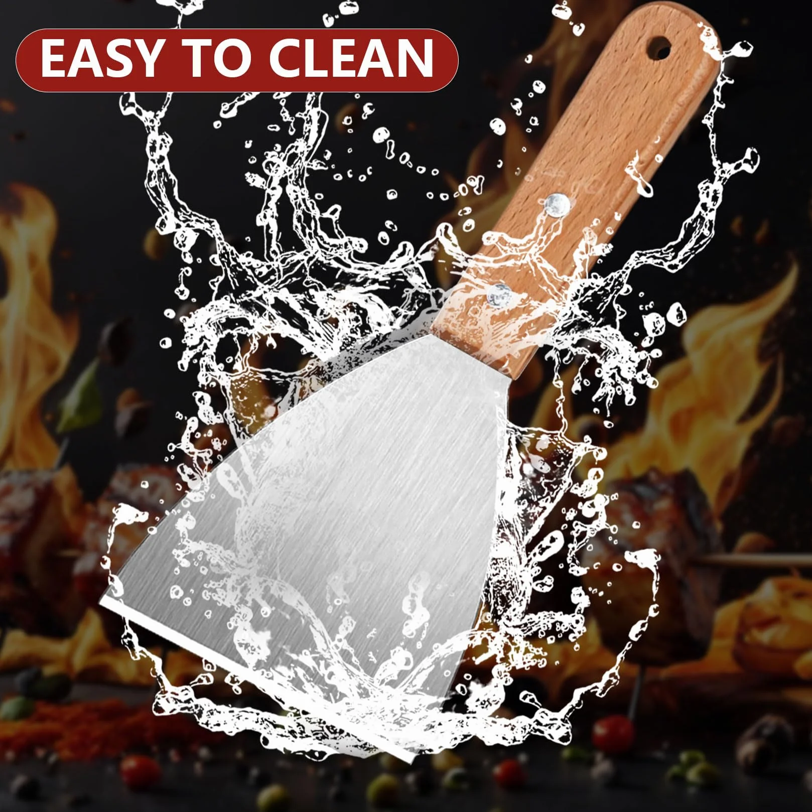 Spatule Plancha Inox avec Manche en Bois pour Barbecue Smash Burger BBQ Ustensile de Cuisine - 2 Pièces