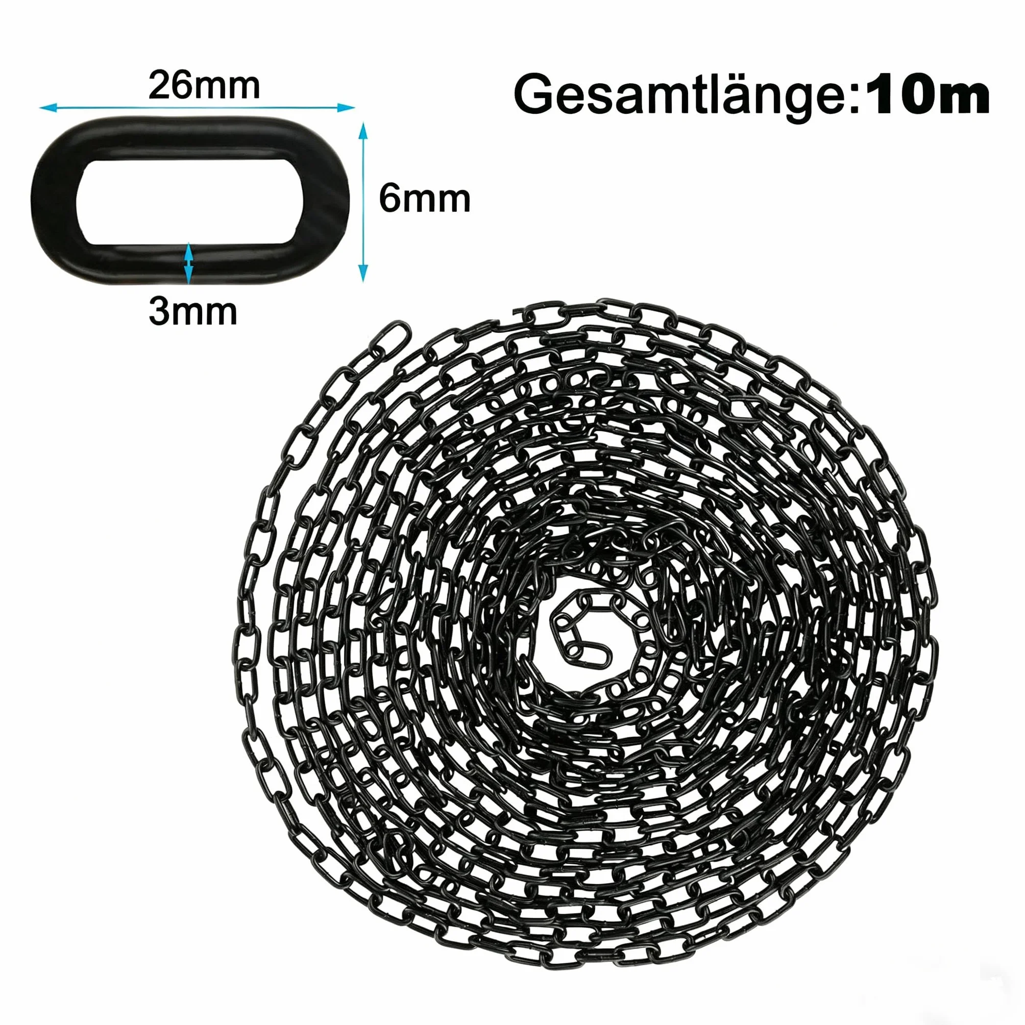 Chaîne noire 10 m 3 mm - Chaîne de sécurité pour suspendre des clôtures, chaîne à bascule, chaise suspendue, chaîne de lampe, chaîne pour chien, chaîne pivotante, séchage de la chaîne à linge en fer