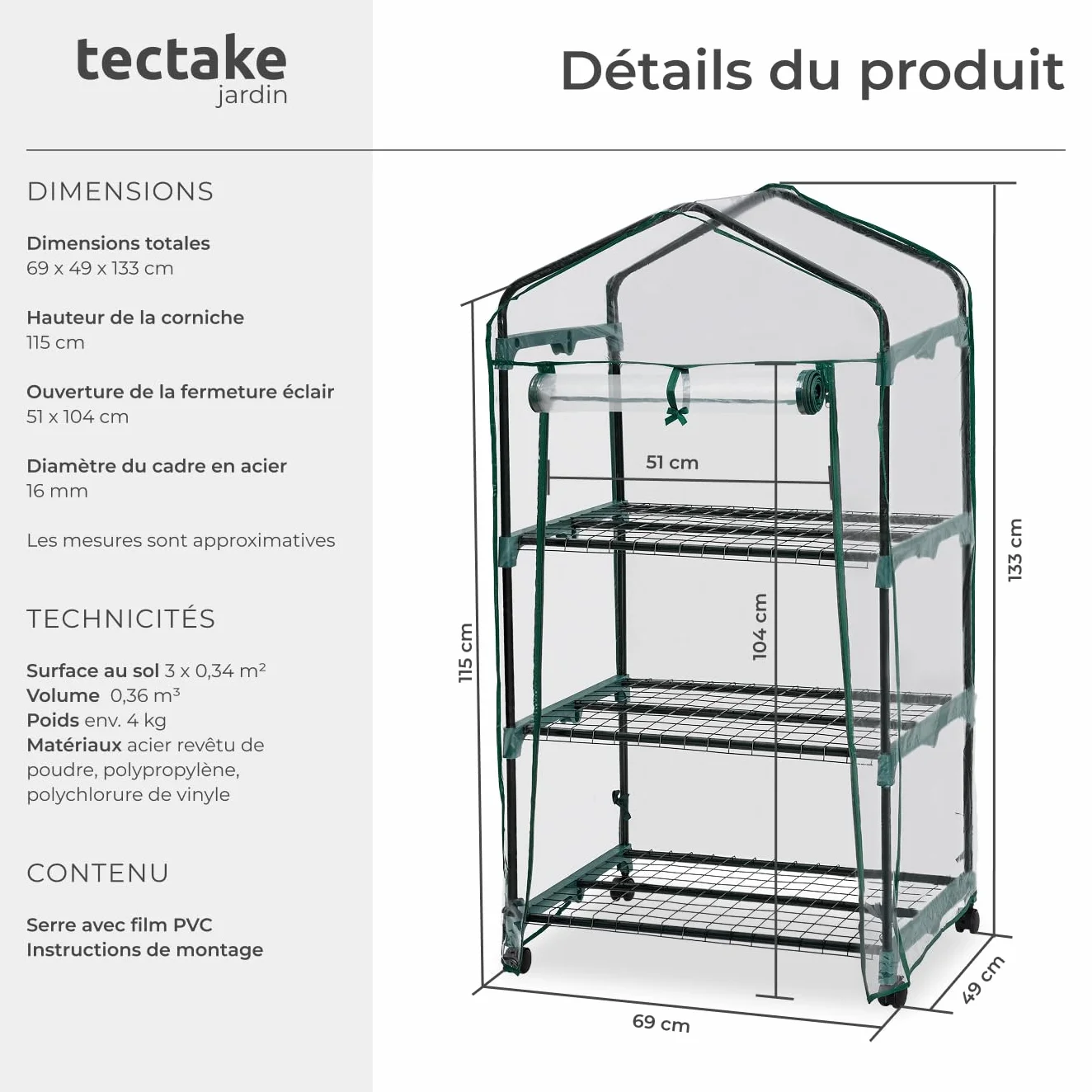 Tectake Serre de Balcon Acier Thermo-Laqué PVC Anti UV 3 Étagères 69x49x133cm