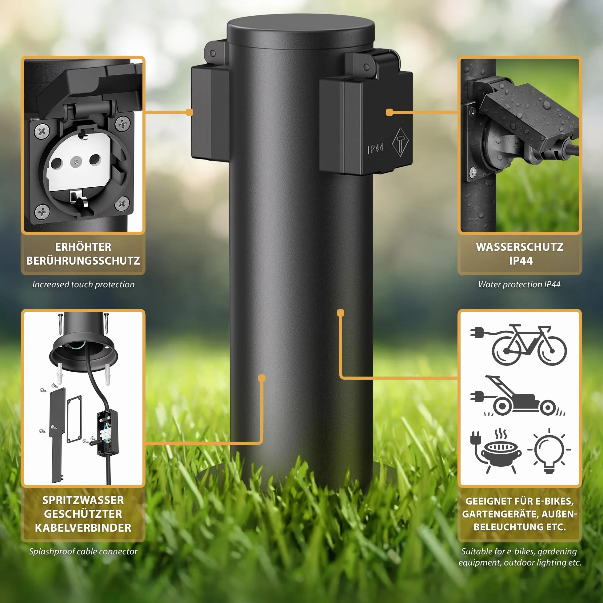 ledscom.de Colonne de Prises de Courant de Jardin PORU IP44 Acier Inoxydable Noir 27 cm