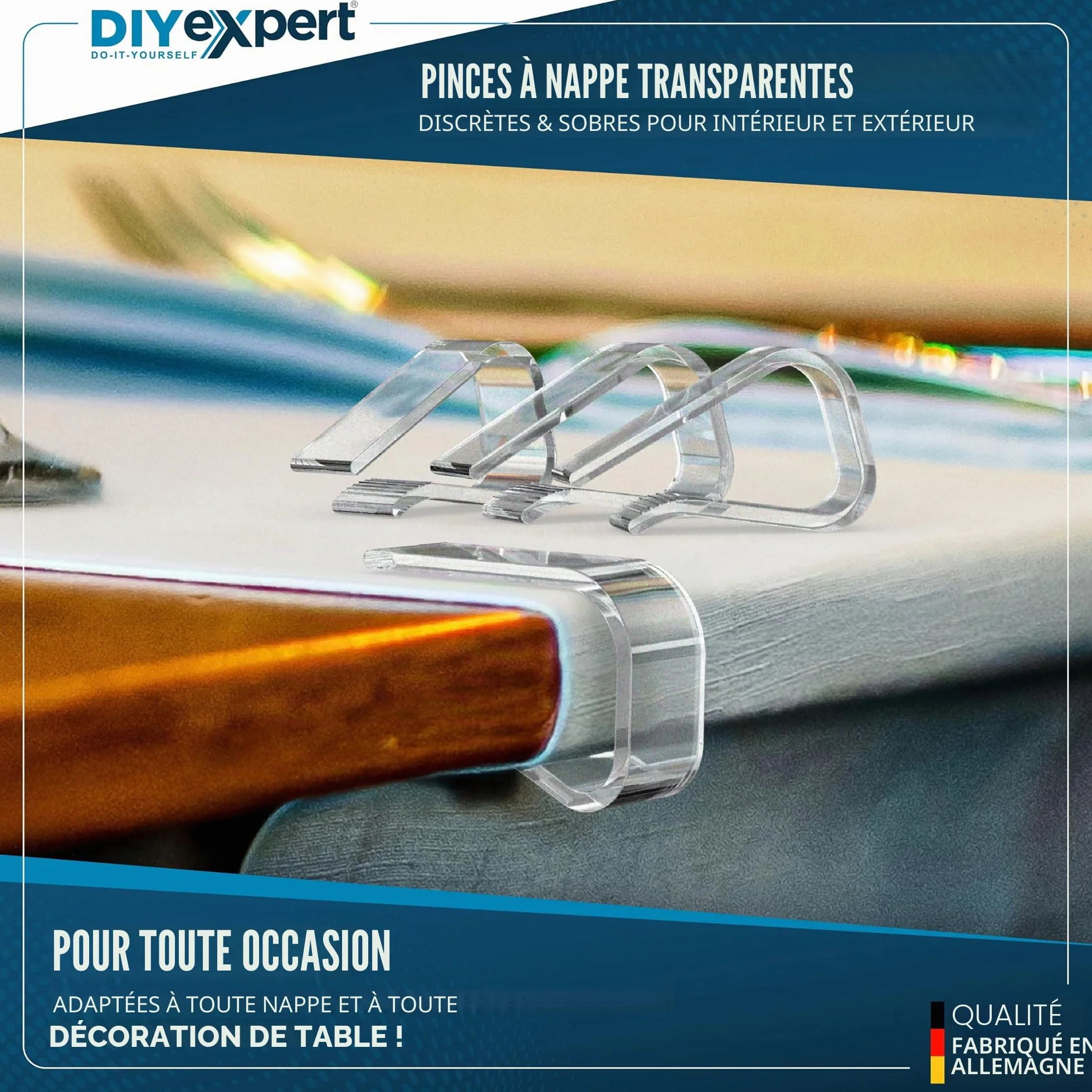 Lot de 4 pinces à nappe en plastique transparent pour tables jusqu'à 27 mm
