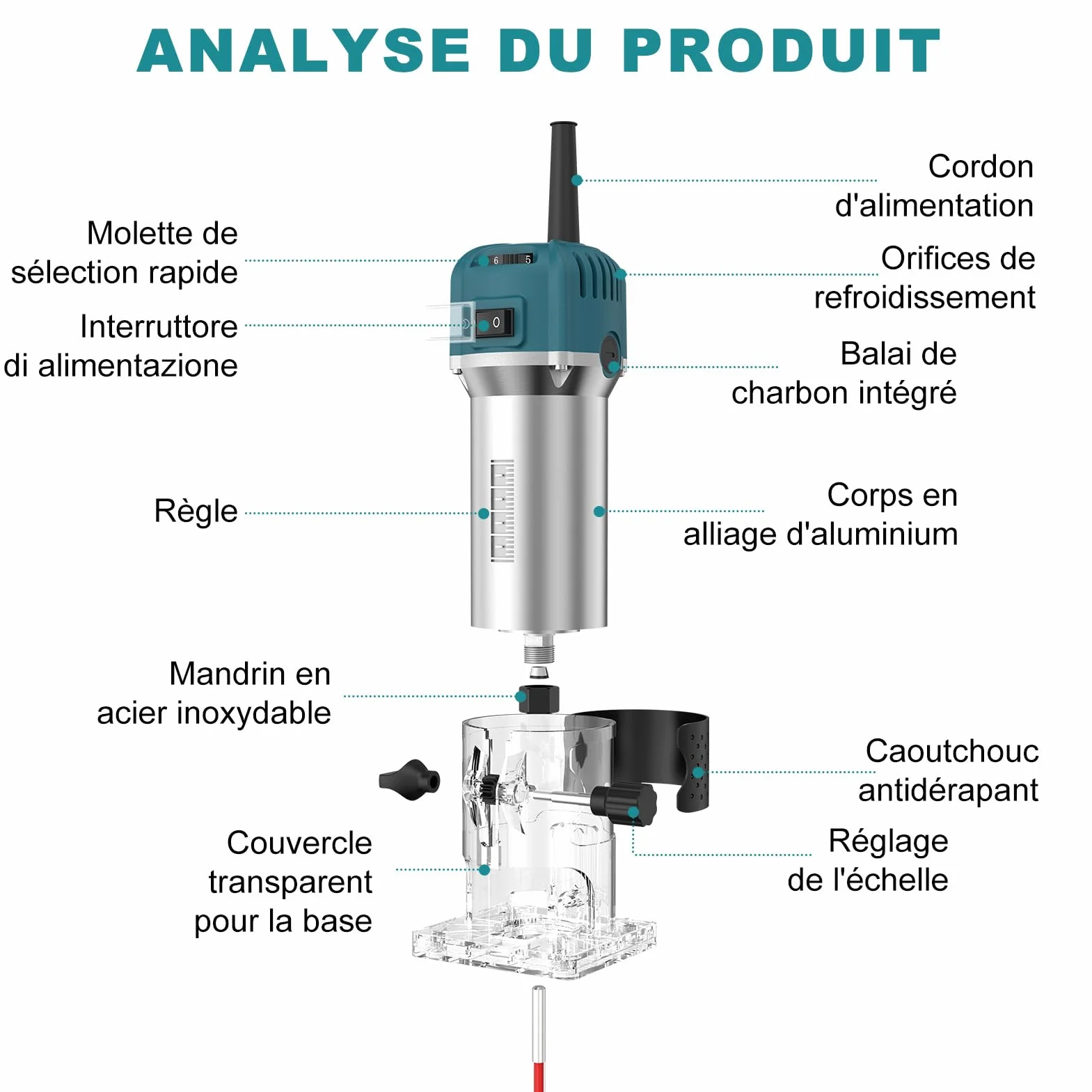 Fraiseuse verticale 800 W, défonceuse électrique pour bois, 30 000 tr/min Fraiseuse électrique à 6 vitesses variables avec 15 fraises à rainurer pour chanfreiner, rainurer, fraiser, poinçonner