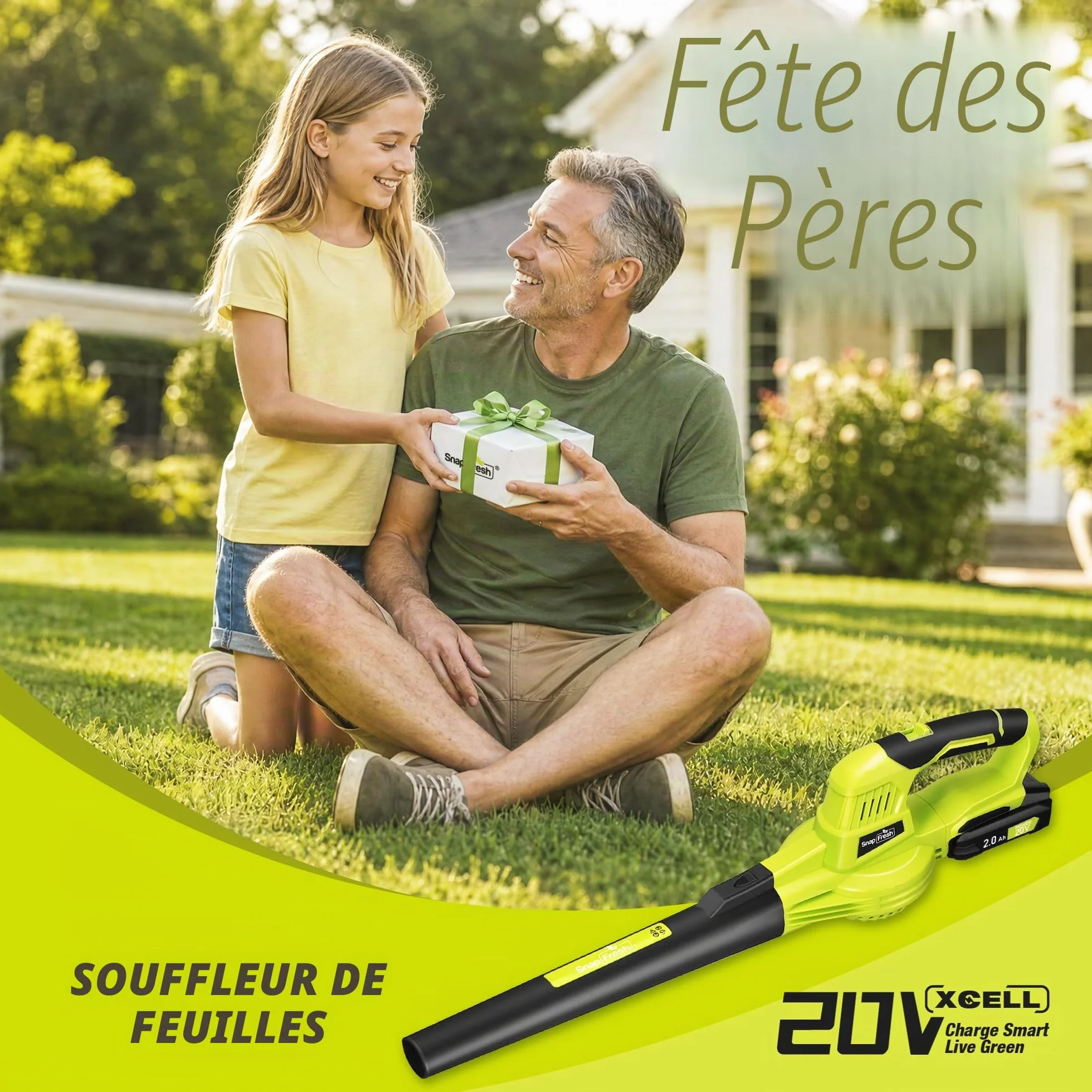 SnapFresh Souffleur Batterie 20V Léger 1,2 kg - Souffleur de Feuilles sans Fil 210 km/h 240m³/h, 2 Vitesses, avec Batterie et Chargeur