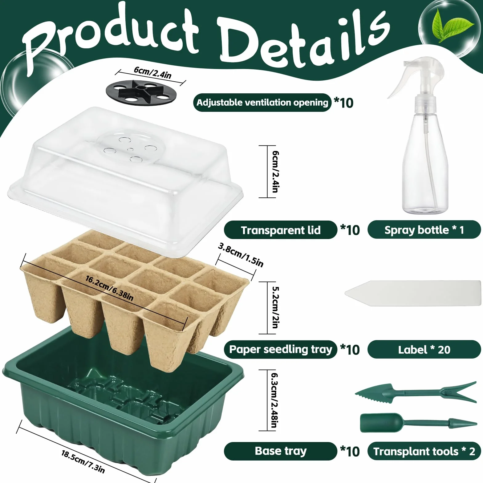 Mini Serre pour Plantes, 10 Pièces 120 Cellules Plaque Semis, Pots de Pépinière Biodégradables, avec Dôme de Ventilation, Vert