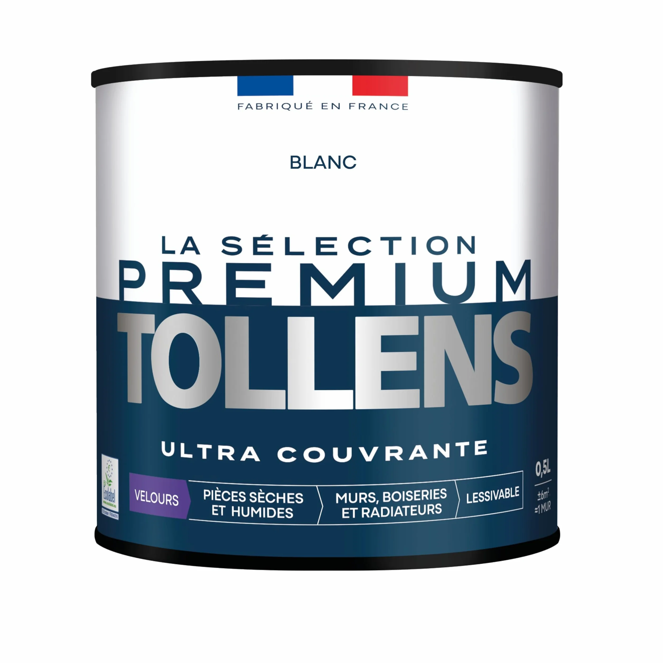 Tollens - Peinture Couleur - Murs, Boiseries & Radiateurs - La Sélection Premium - Pièces sèches et humides - Ultra couvrante - Ultra résistante - Ultra rapide - Ecolabel - Velours - BLANC - 0L5 = 6m²