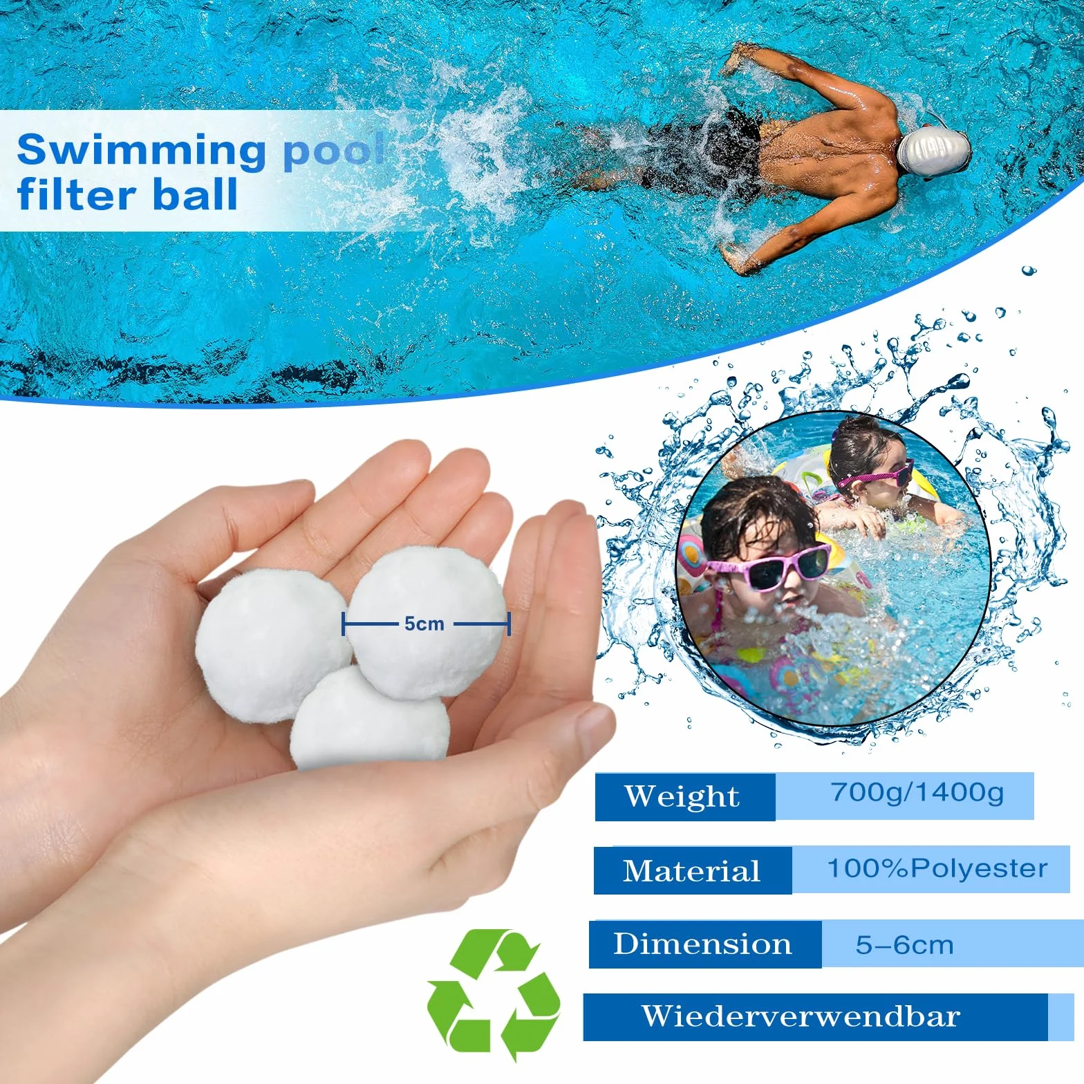 Balle Filtrante Piscine 1400g, Balles Filtrantes pour Filtre à Sable, Remplace 50kg Sable Filtration