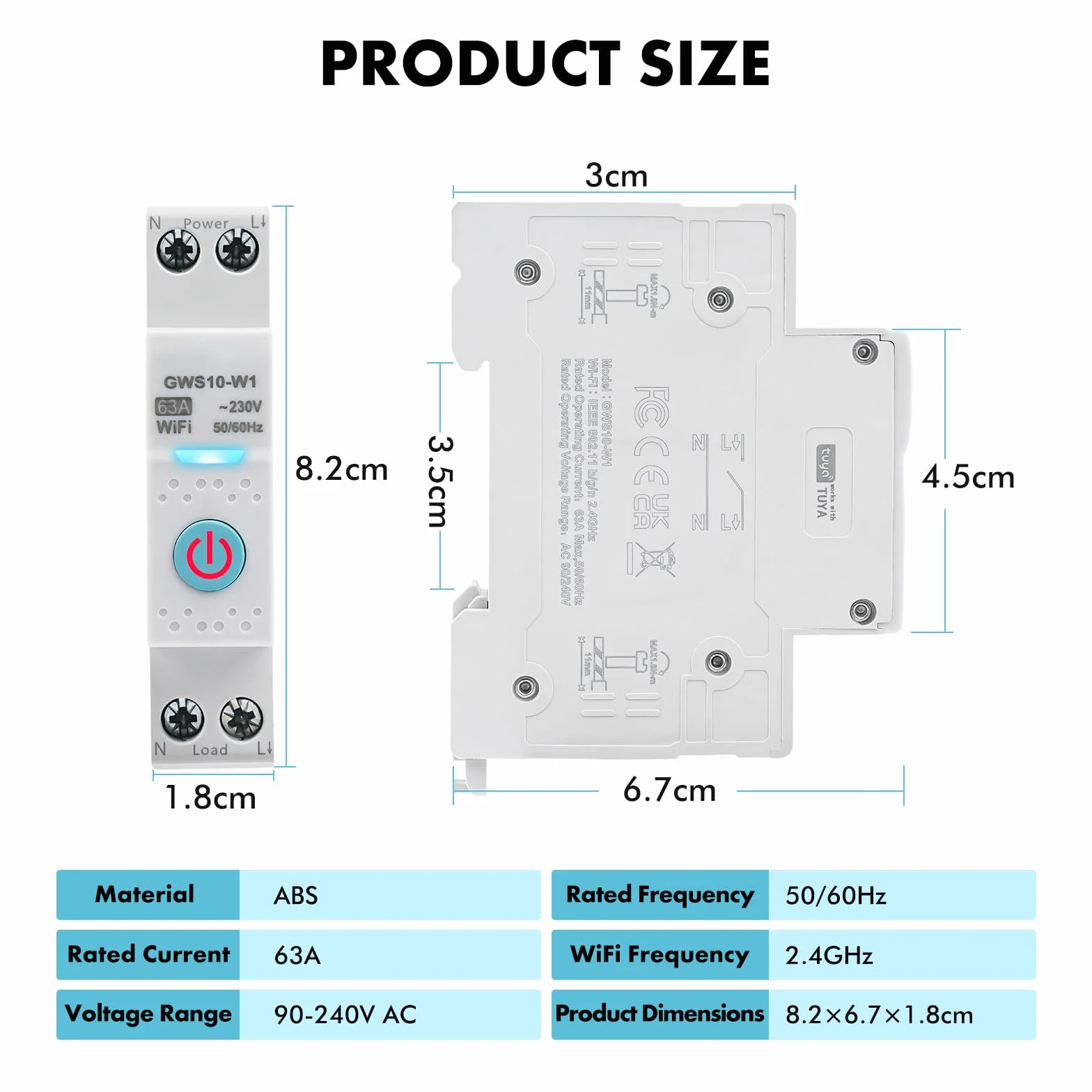 Interrupteur connecté wifi 63A Tuya Disjoncteur connecté wifi Commande vocale Minuterie interrupteur AC230V disjoncteur intelligent Compatible avec Alexa Google Home GWS10-W1