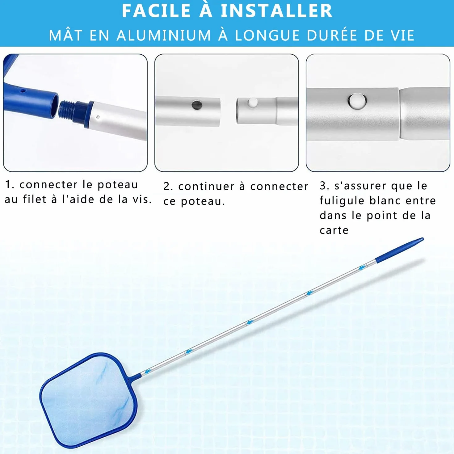Voarge Épuisette de Surface pour Piscine 122 cm avec Manche Télescopique en Aluminium Maille Fine