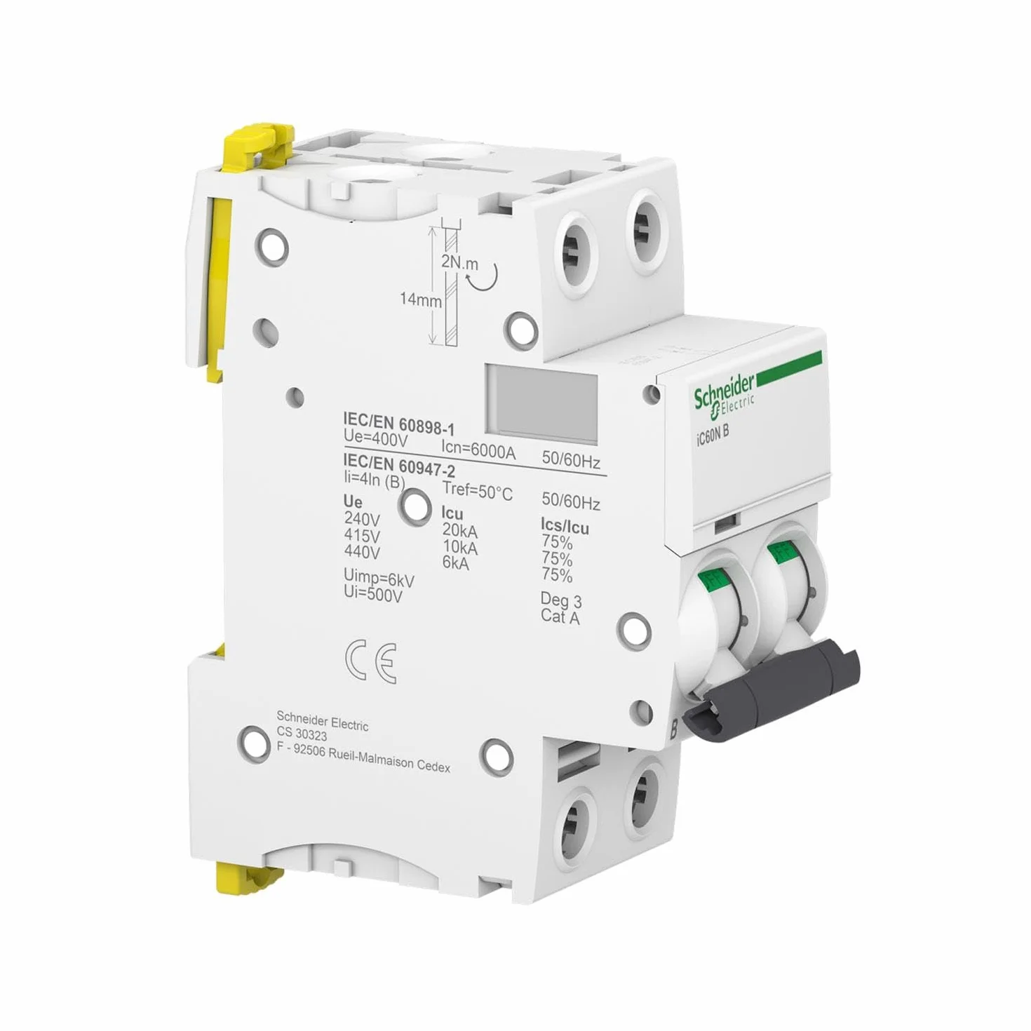 Schneider Electric A9F74220 IC60N Disjoncteur, Acti9, 2P, 20A, courbure C, 50/60 Hz, blanc