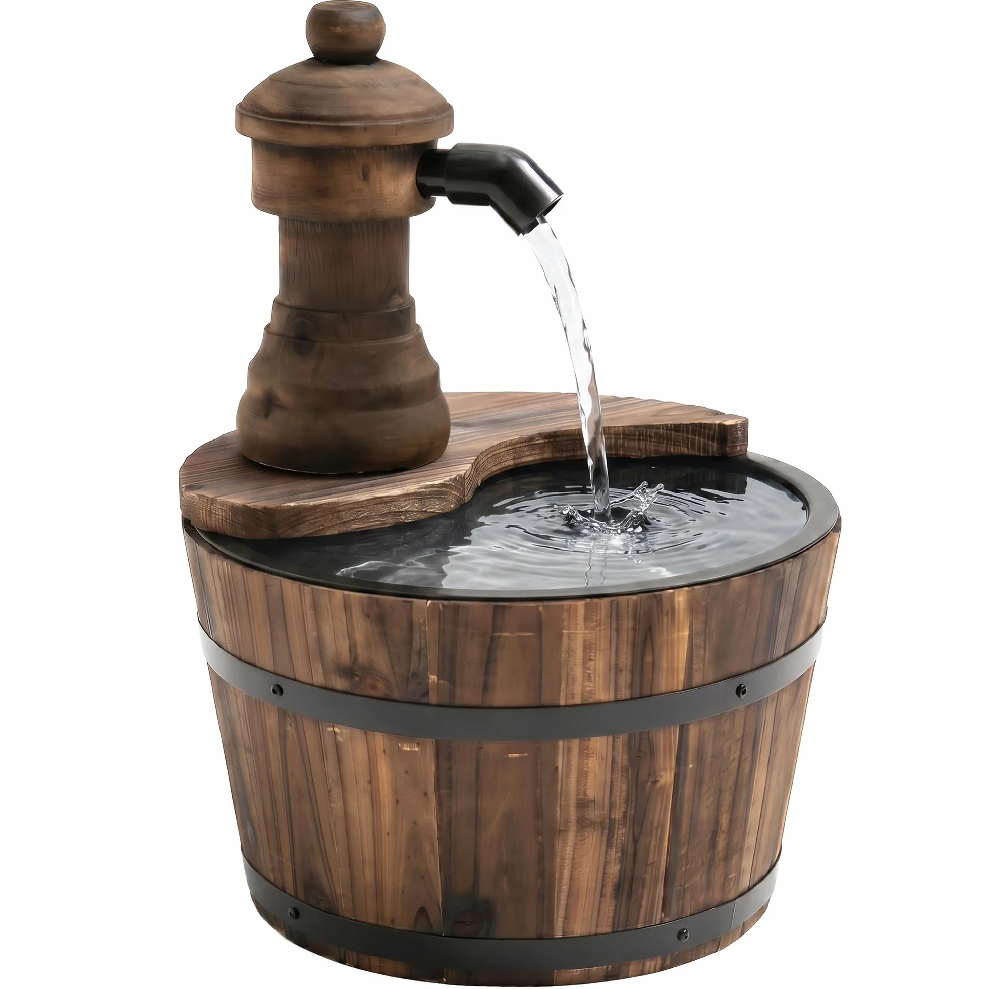 Outsunny Fontaine de Jardin Tonneau Pompe à Eau Submersible Ø 27 x 37H cm Bois de Pin Marron