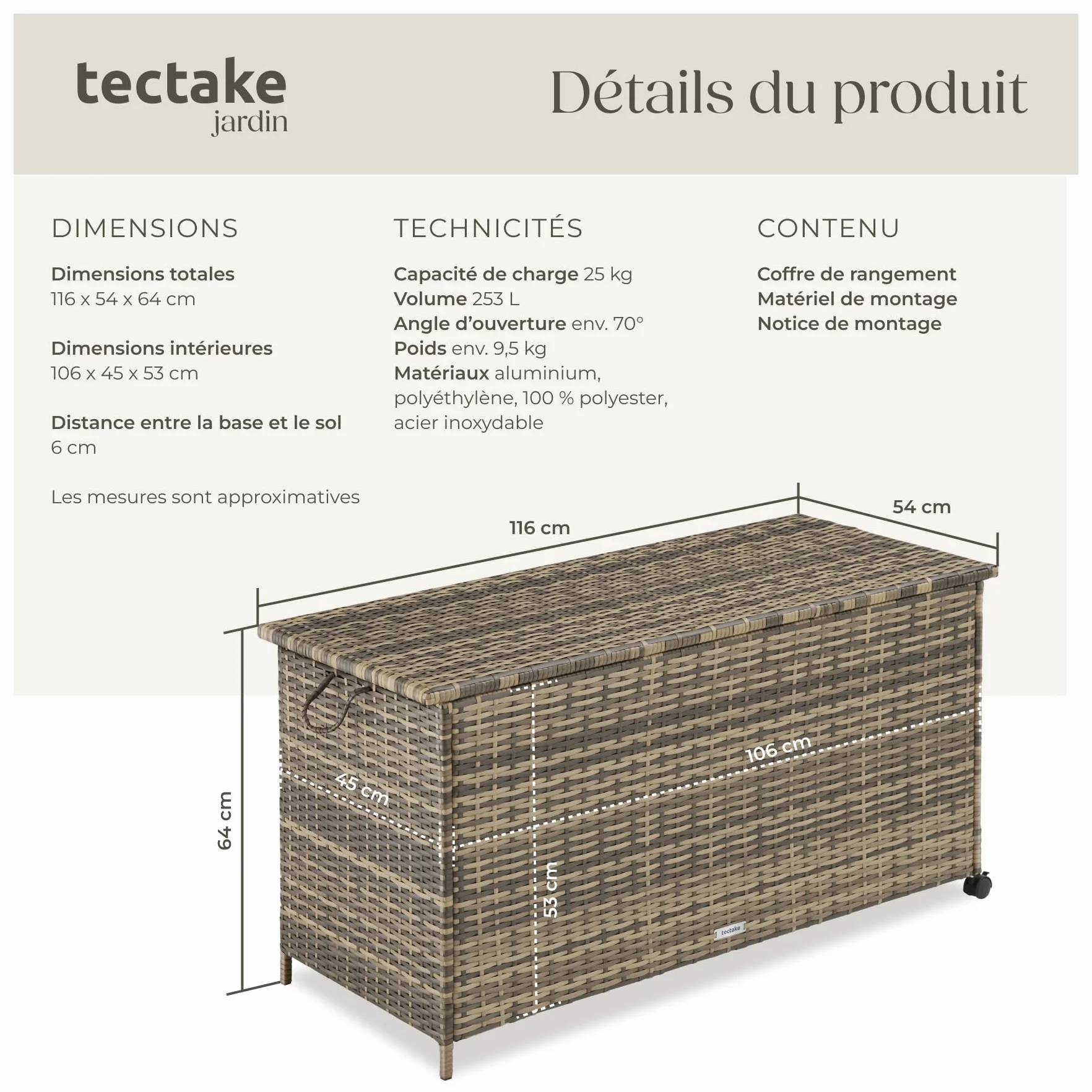 tectake Coffre de rangement exterieur en rotin 116 x 54 x 64 cm 253L Aluminium 2 Roulettes pivotantes Frein de blocage