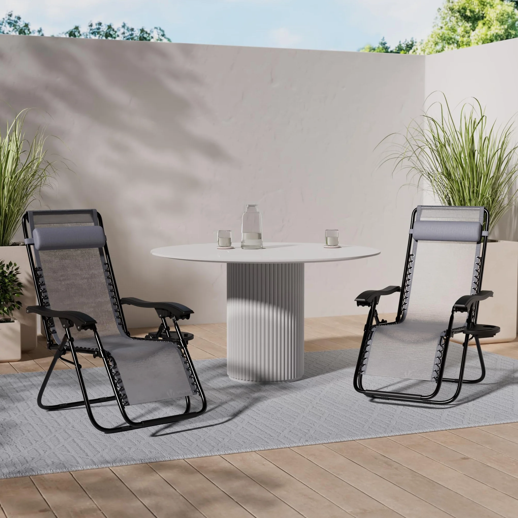 Chaise Longue Pliable Lot de 2 avec Support de Gobelet Amovible Rembourrage de Tête Charge Max 120KG Gris