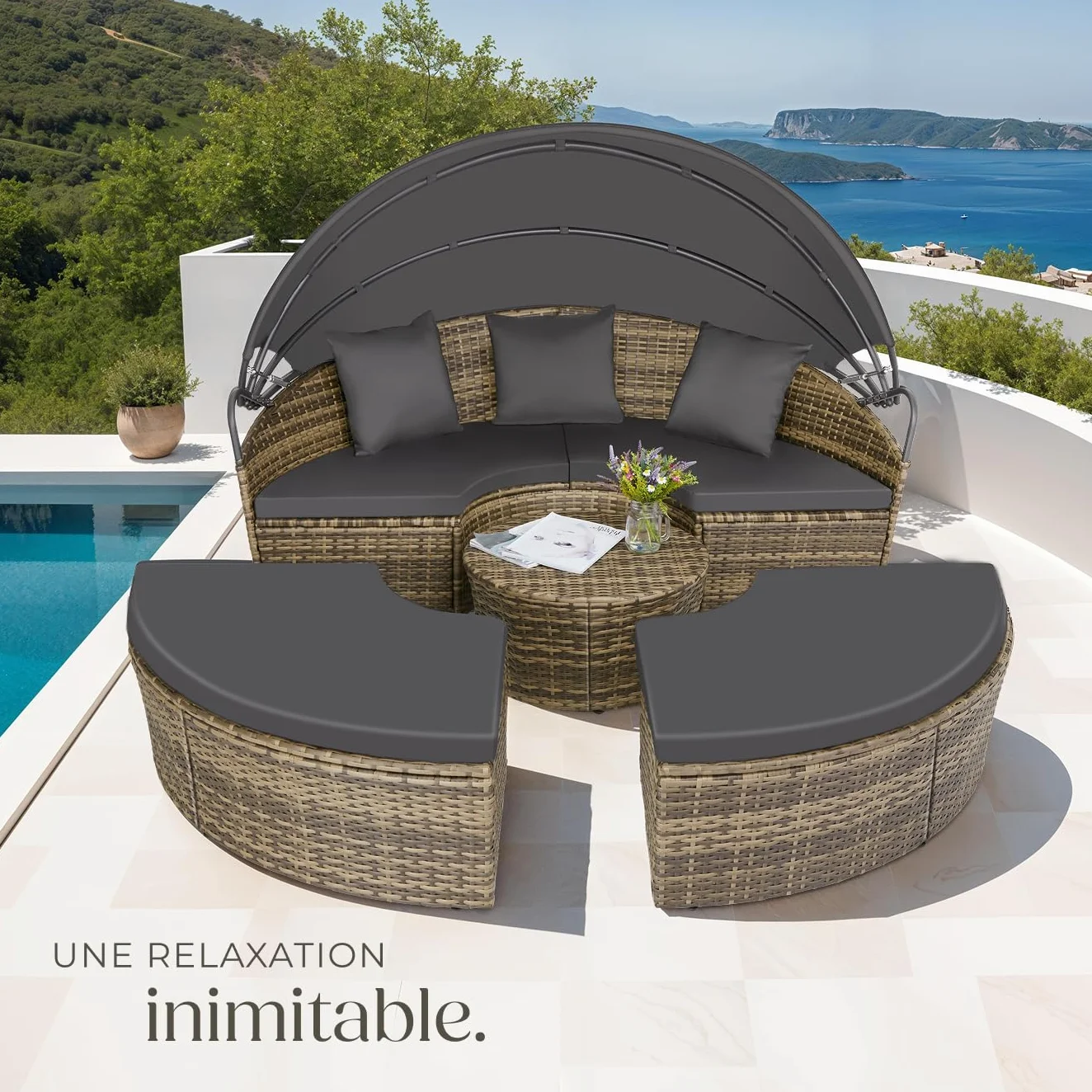 tectake Bain de soleil modulable en résine tressée avec pare soleil pliable, coussins inclus, chaise longue relax pour jardin terrasse