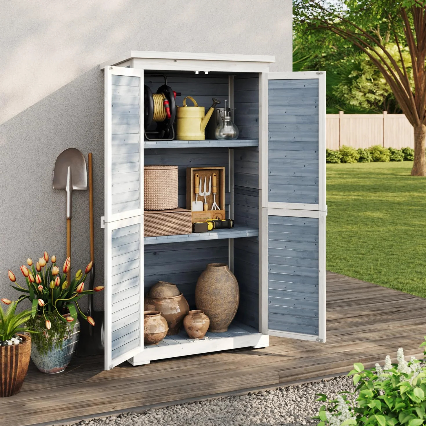 Armoire de Jardin en Bois 160 x 87 x 47 cm Gris Utilisation Extérieure
