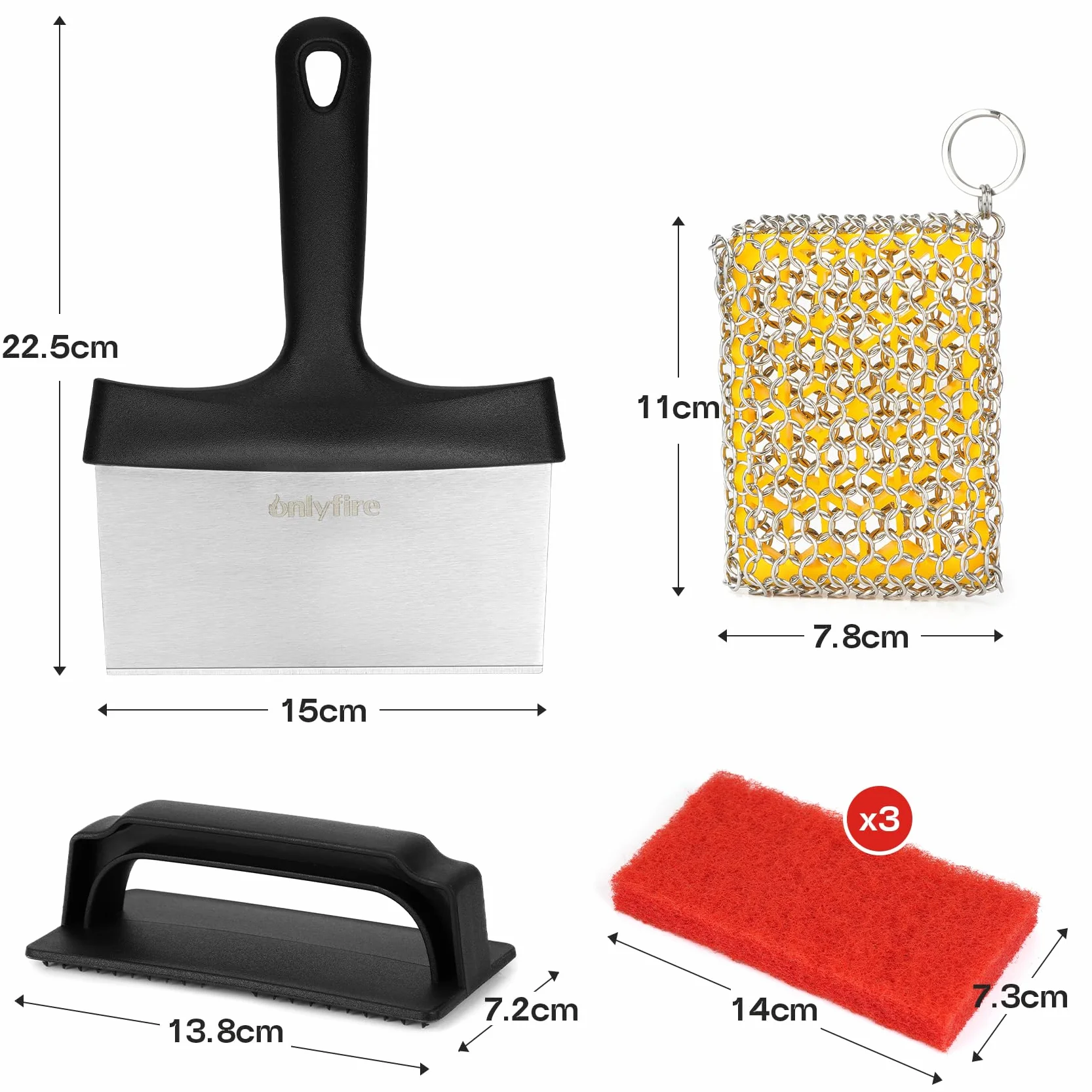 Kit de nettoyage pour poêle et plaque en fonte onlyfire - grattoir plancha INOX professionnel, éponge maille INOX, éponges nettoyantes et poignée