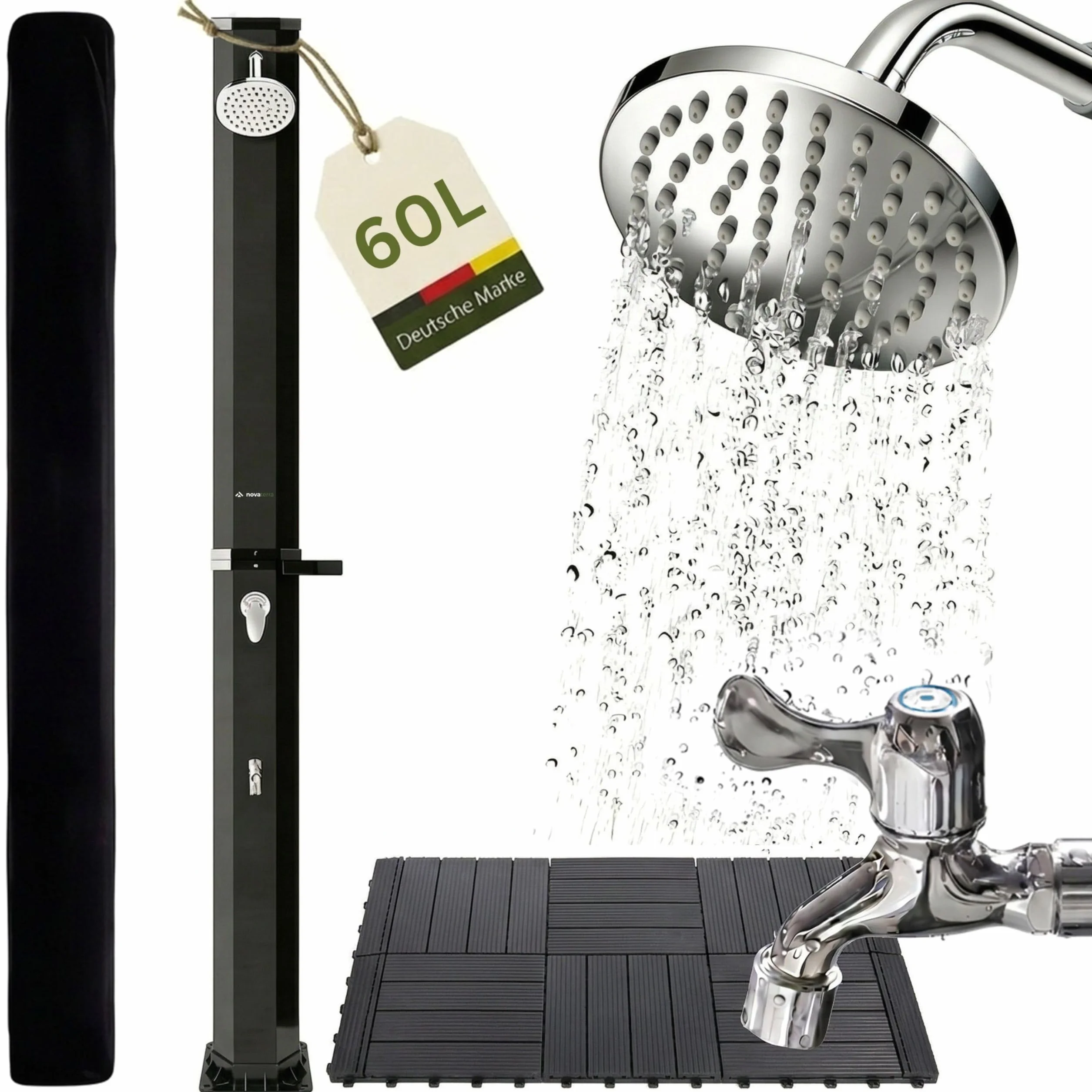 Novaterra Douche solaire noire 60 l – Douche jardin avec pommeau pluie et bac rangement