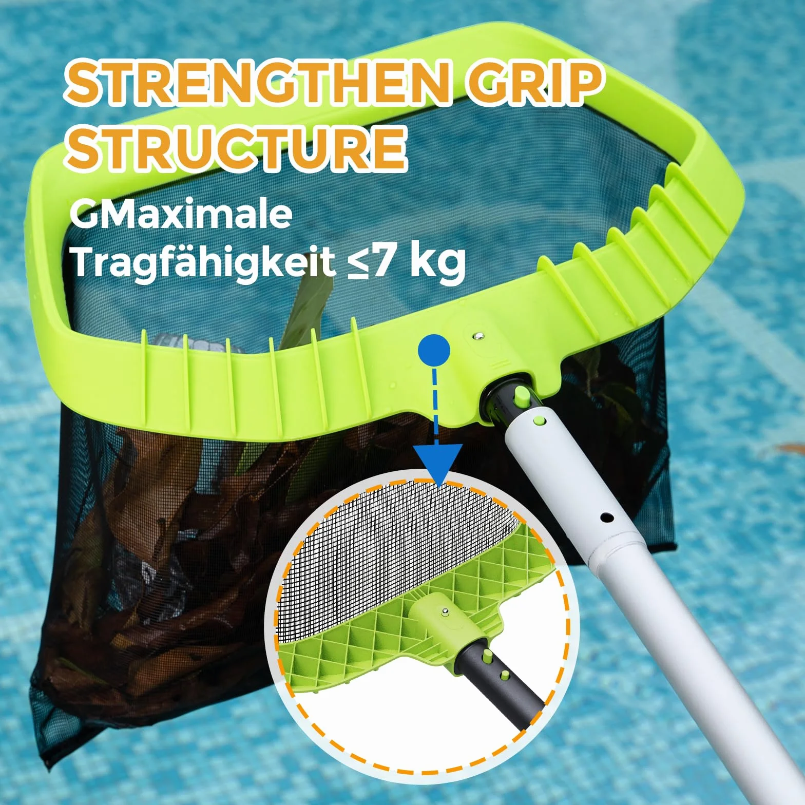 Épuisettes de Surface Filet de Fond Piscine Professionnel Grand Capacité Ramassage Feuilles sans Perche Vert