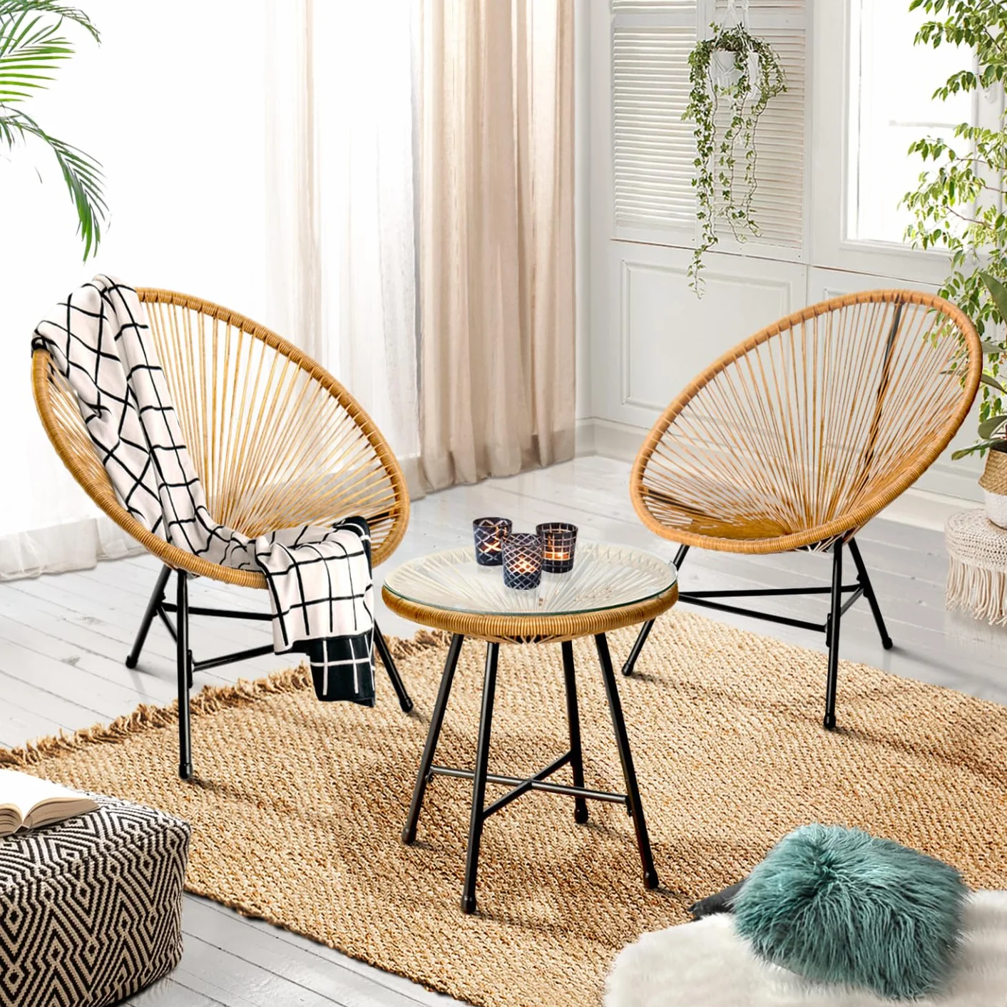 Salon de Jardin Izmir Table et 2 Fauteuils Oeuf Cordage Effet Rotin