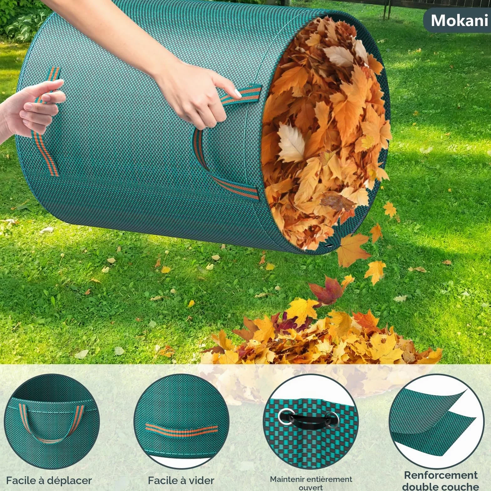 Mokani Lot de 3 sacs à déchets de jardin 300 L réutilisables pliables avec poignées