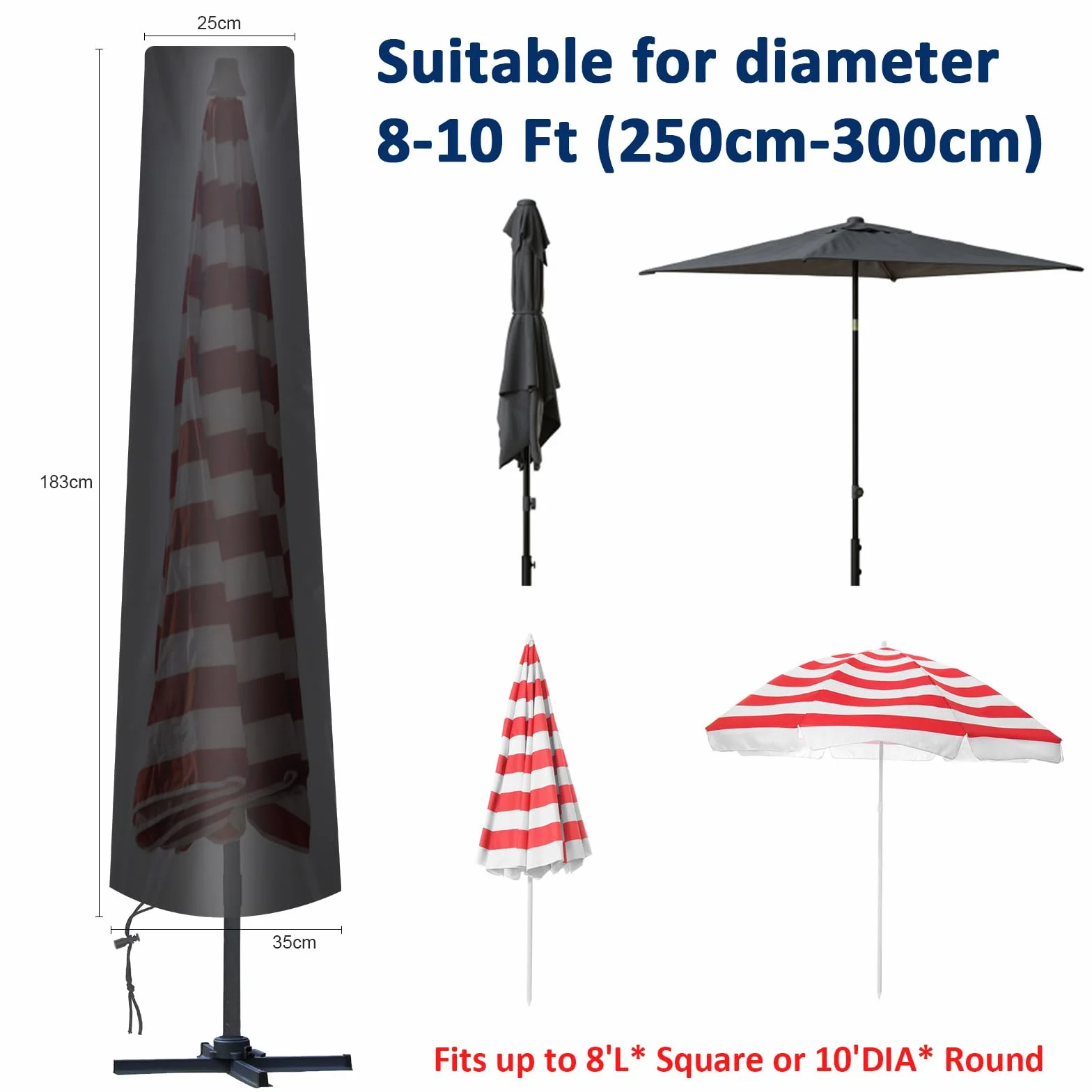 Housse Parasol Droit Ø 300 cm, 210D Oxford Protection avec Sac de Rangement, Résistant aux Intempéries UV Neige