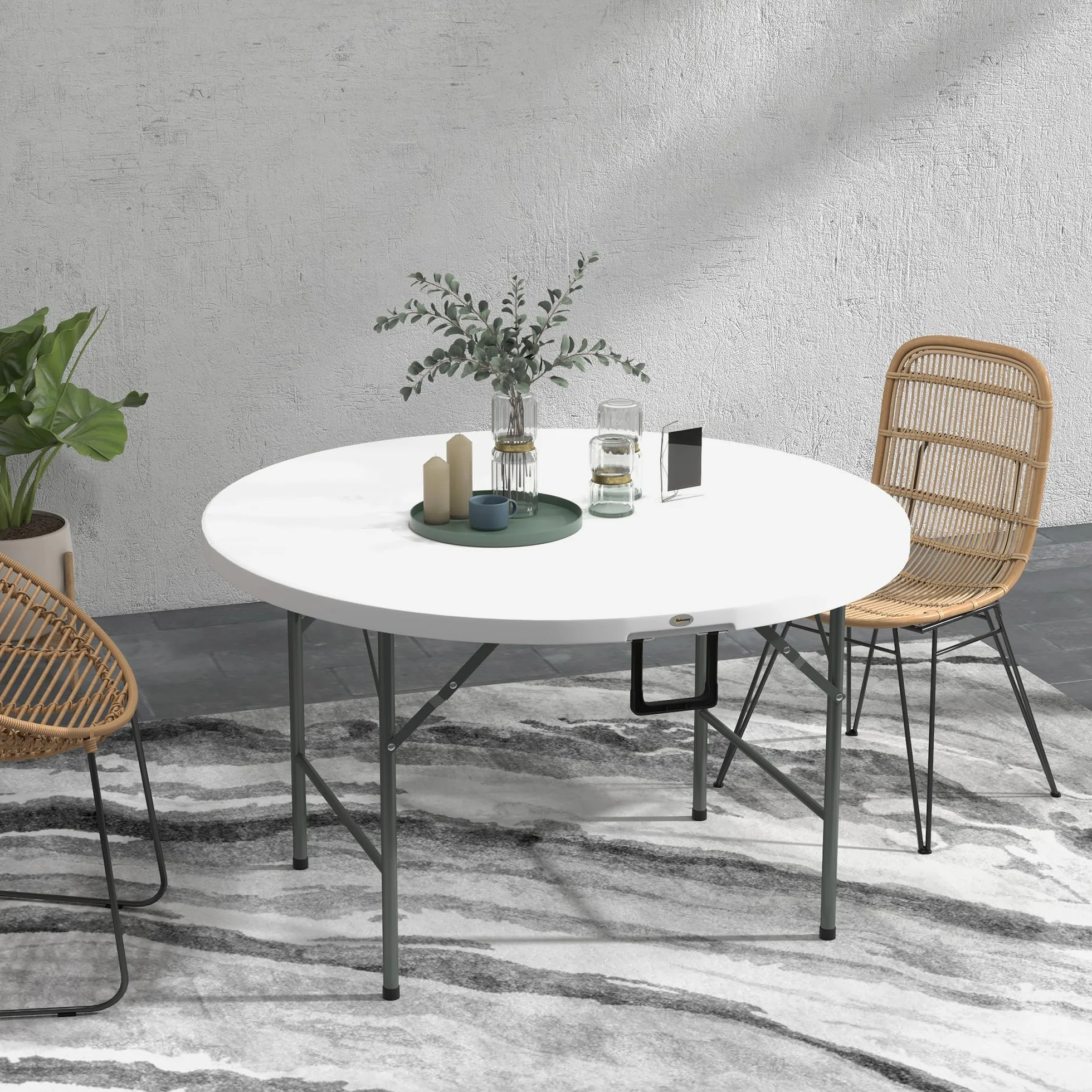 Outsunny Table Ronde de Jardin Pliante Ø122 cm 6 Personnes Structure Métal Plateau HDPE