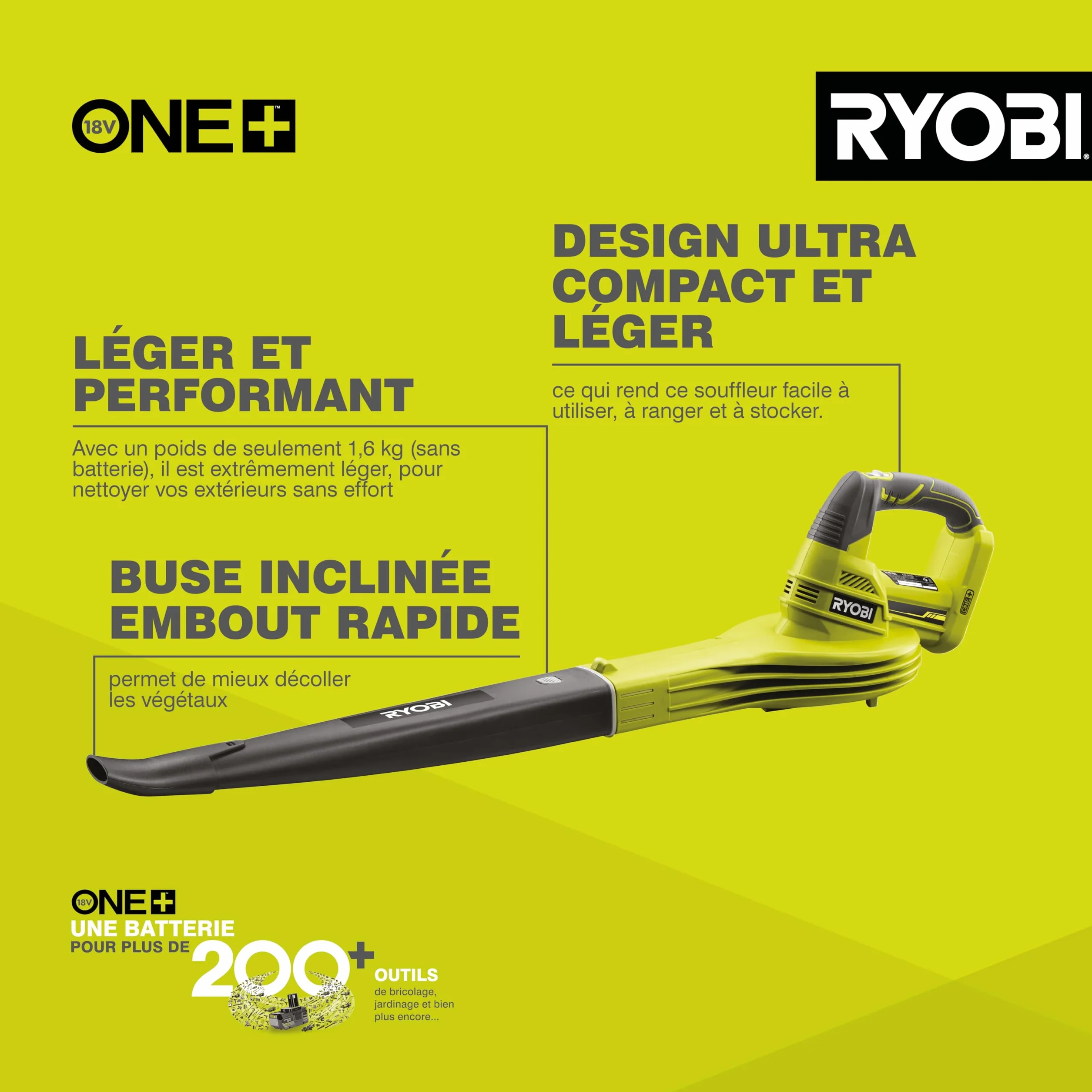 RYOBI Souffleur sans Fil 18V One+ OBL1820S 245km/h Léger Compact