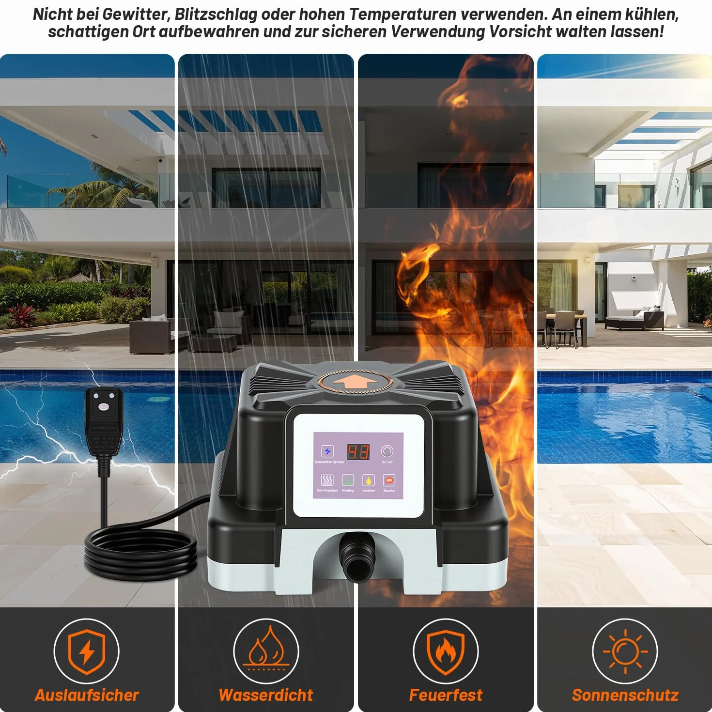 Chauffage électrique de piscine 3 kW avec affichage numérique, protection FI, anti-basculement, boîtier ignifuge, raccord 32-38 mm, 45 °C