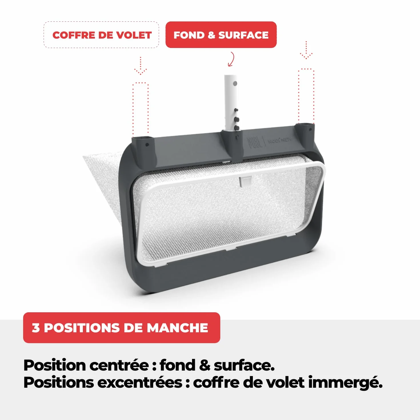 Épuisette Piscine Professionnelle 3-en-1 NODI Net+ Fond Surface Coffre Volet Immergé Résistance 32 kg Filet Remplaçable