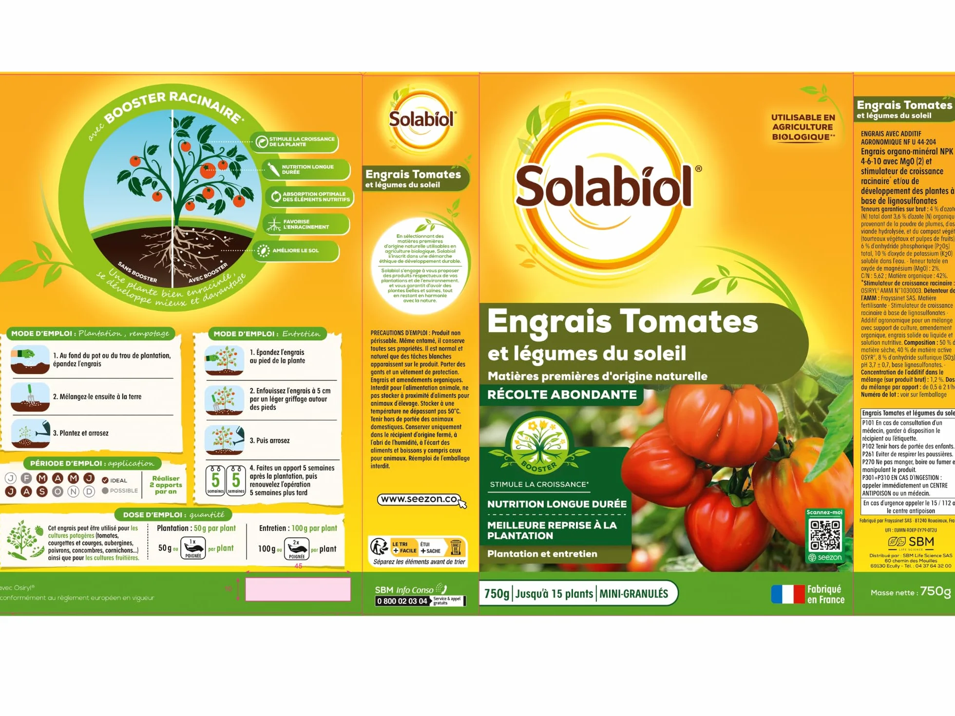 SOLABIOL Engrais Tomates & Légumes Du Soleil 750g Jusqu'à 15 Plants Nutrition Longue Durée Agriculture Biologique
