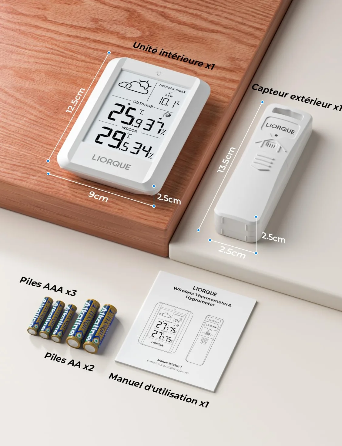 LIORQUE Station Meteo Interieur Exterieur Sans Fil, Thermometre Hygrometre Capteur IPX4, Portee 100m, Piles Incluses