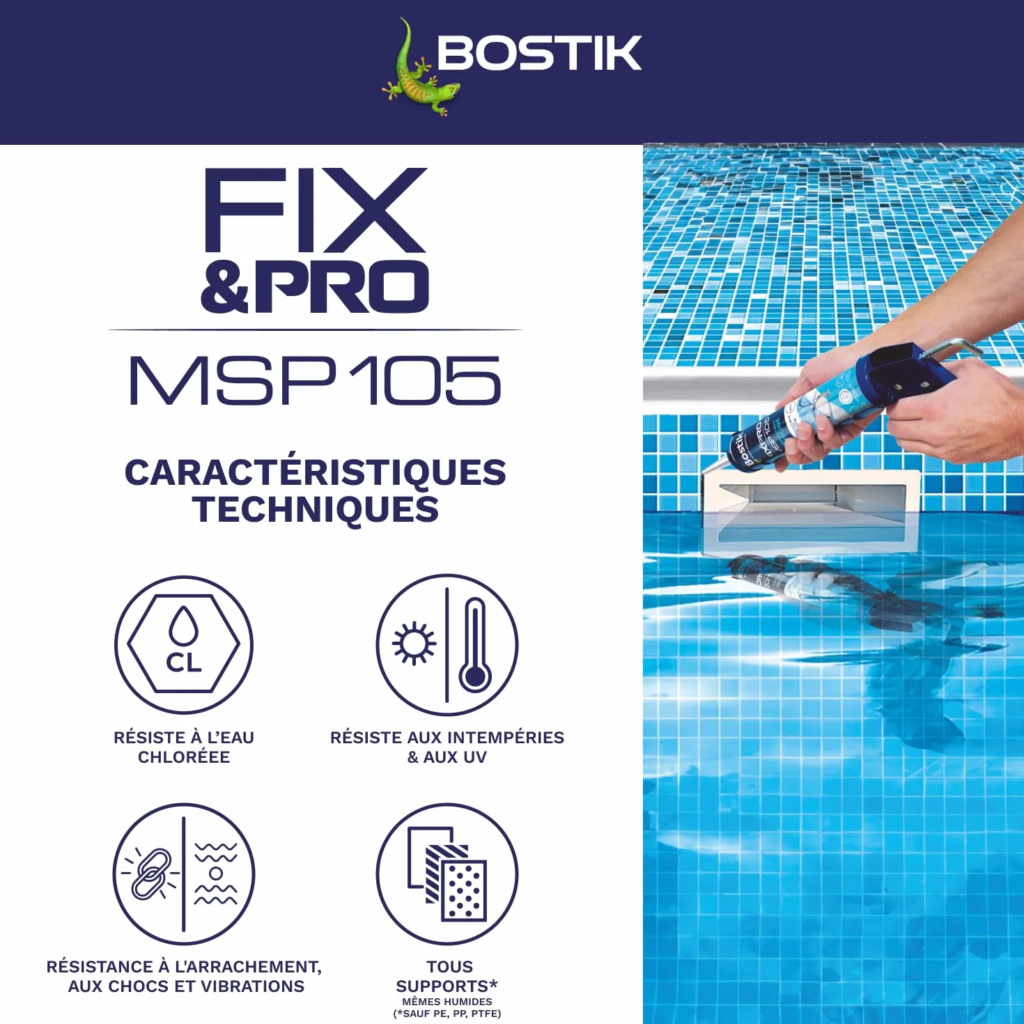 Bostik FIX&PRO MSP 105 Réparations Piscine Blanc – Mastic Pour Carrelage, Mosaïque et Pièces à Sceller Piscine – Intérieur/Extérieur – MS Polymère – 290 ml