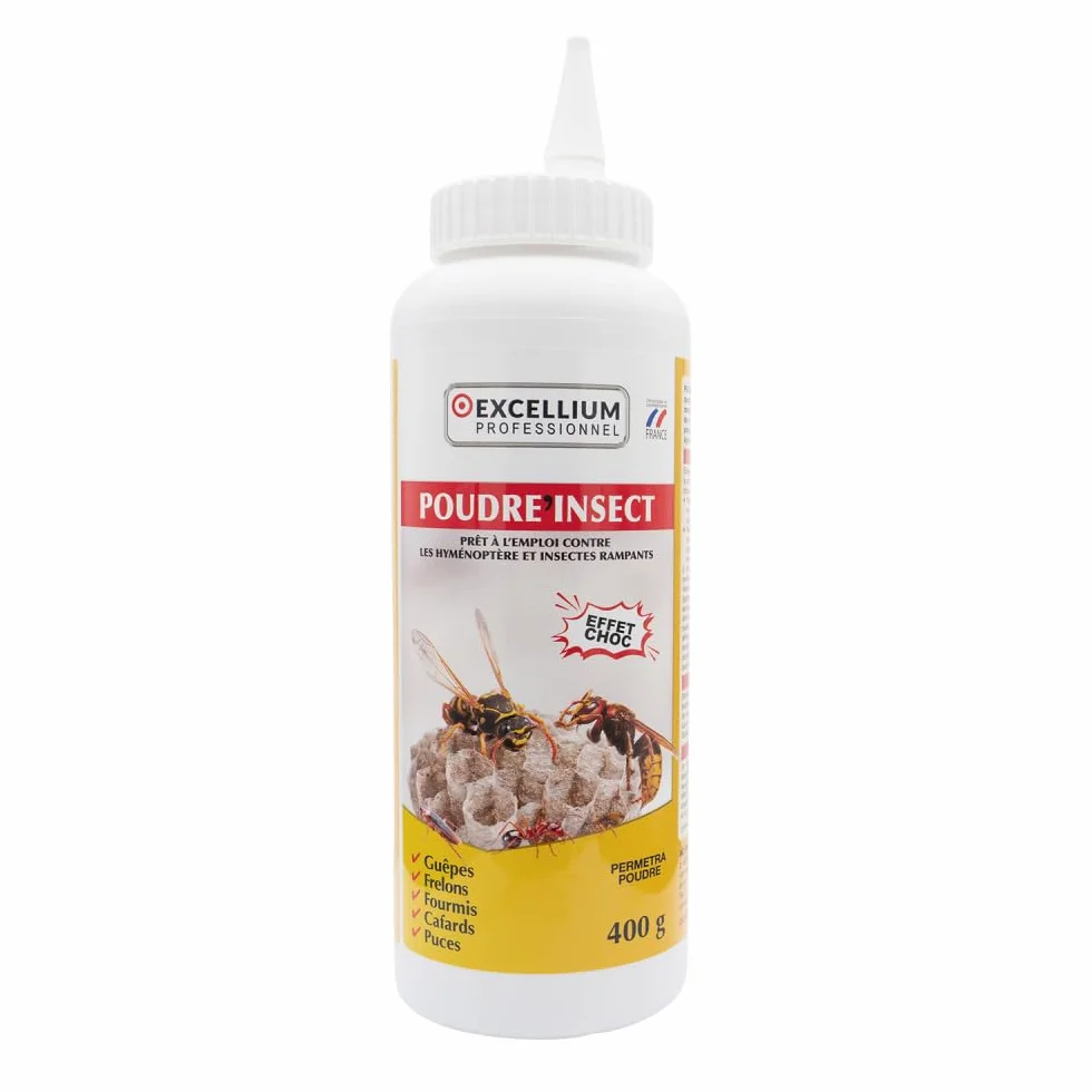 Poudre Insecticide Perméthrine 400g Anti Guêpes Frelons Fourmis Cafards Punaises Puces Effet Choc Longue Durée Flacon Poudreur