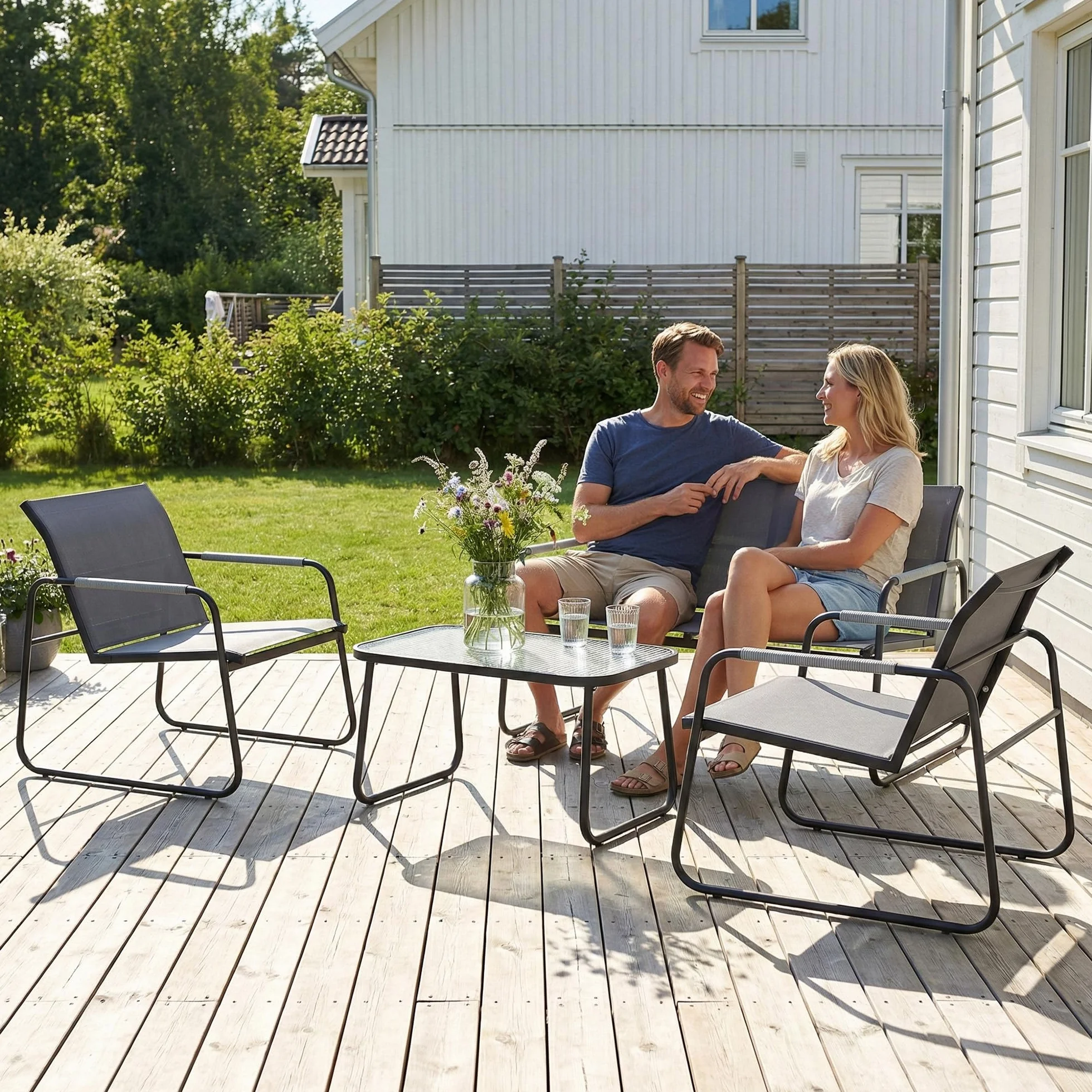 Outsunny Salon de Jardin 4 Pièces Acier Textilène Ensemble Terrasse Accoudoirs Corde Tressée Canapé 2 Places Fauteuils Table Basse Verre Trempé Gris
