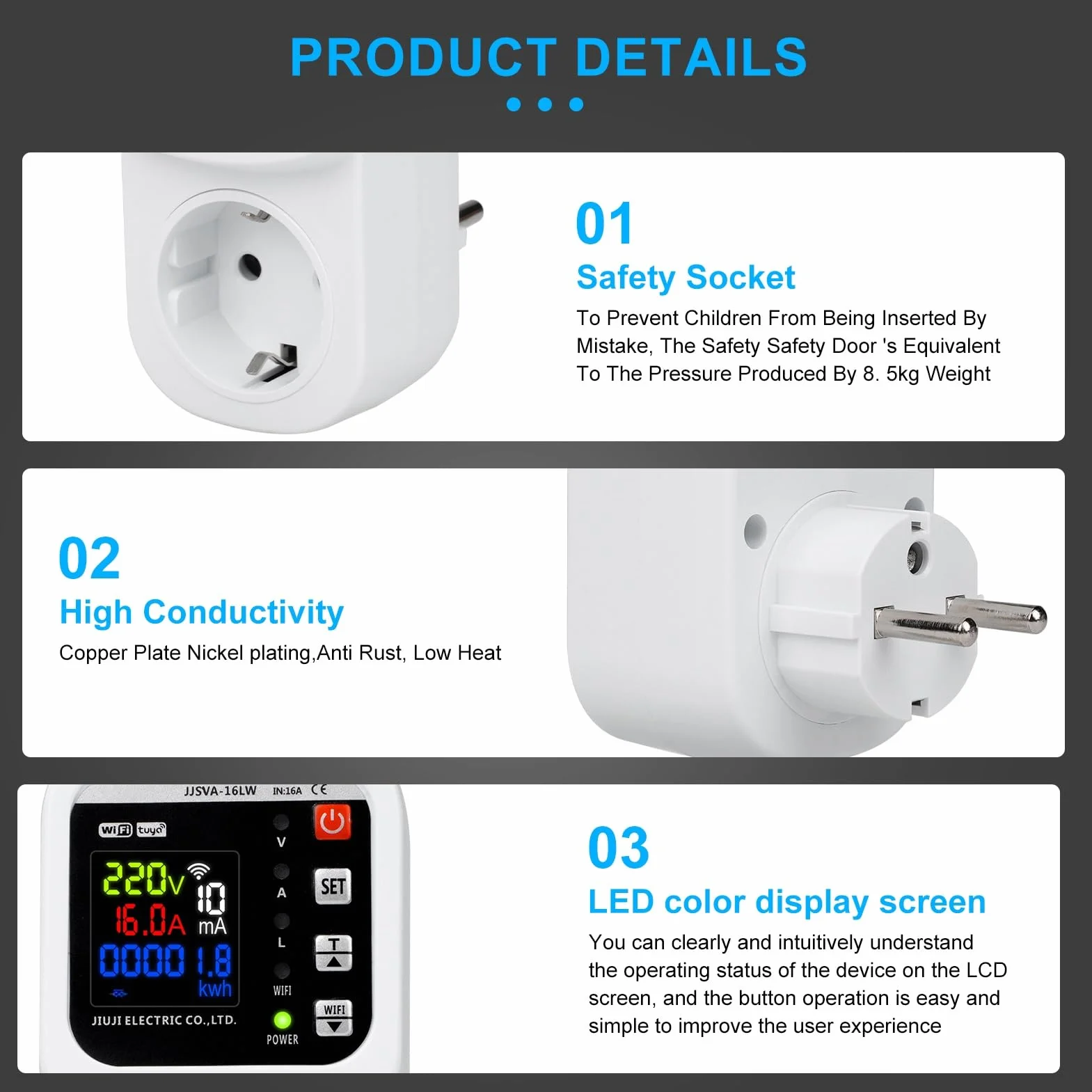 Jadeshay Wattmètre Prise Compteur d'Énergie WiFi Prise Consommation Electrique avec Écran LCD, Dispositif de Protection Contre Les surtensions 16A 230VAC, Contrôle Tuya APP