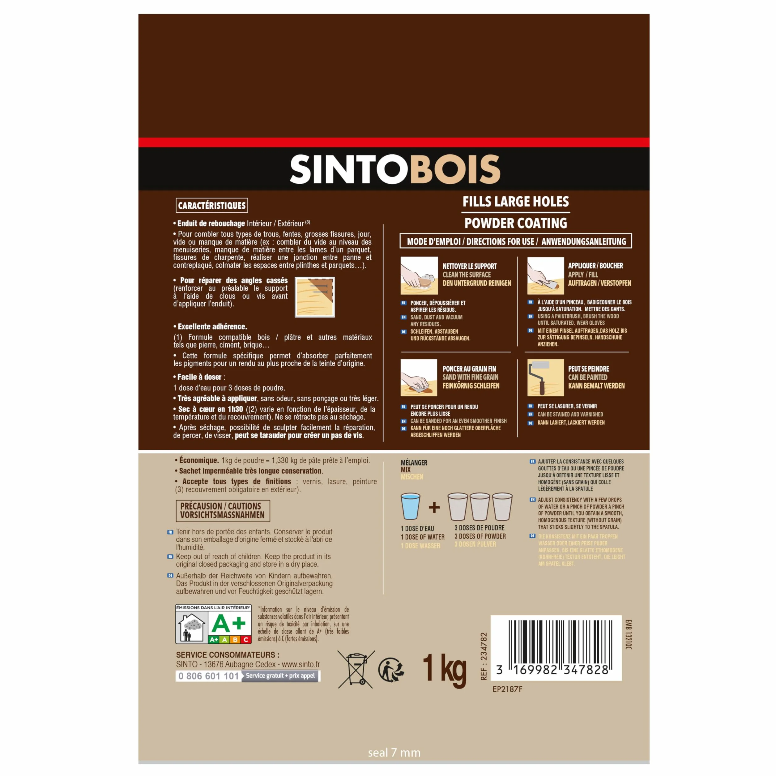 SINTO - Enduit poudre rebouche gros trous - Format 1kg - Idéal pour reboucher les trous sur du bois - excellente adhérence, solidité extrême - peut se lasurer et se peindre