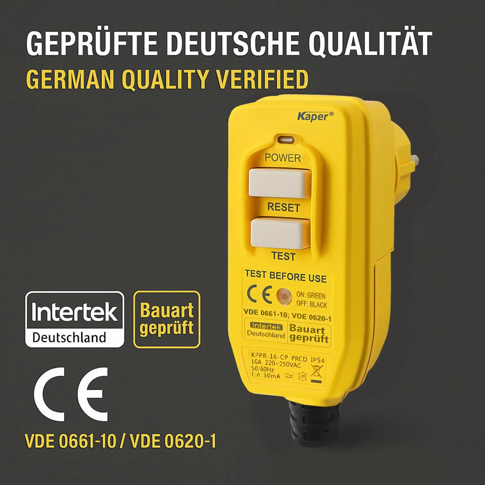 Kaper PRCD Prise de Protection Personnelle, 16 A, 230 V, IP54, Disjoncteur FI Portable avec Courant de Déclenchement de 30 mA, Étanche pour Chantier, Jardin, Camping et Atelier