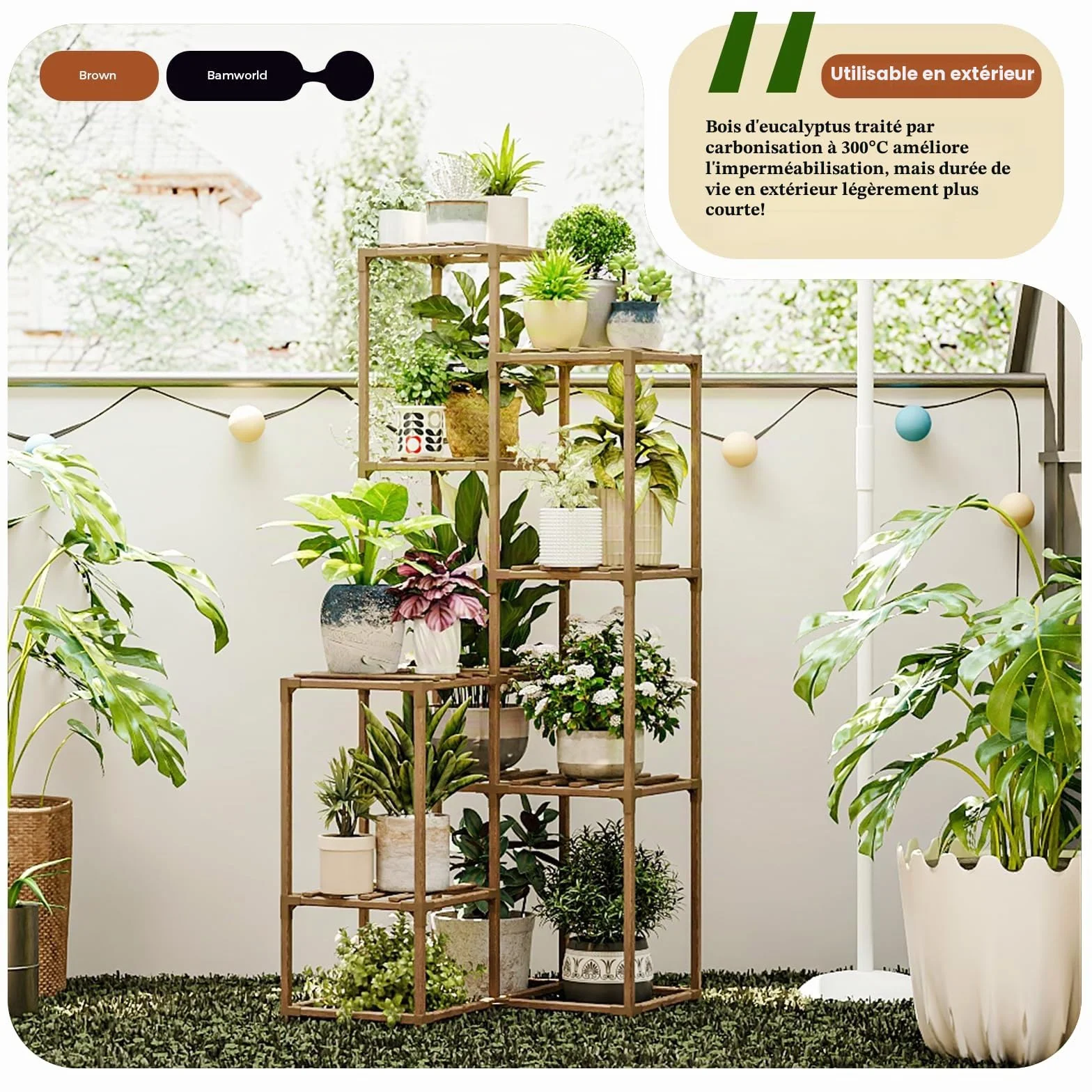 Bamworld Étagère d'angle pour plantes 138,9 cm bois intérieur extérieur