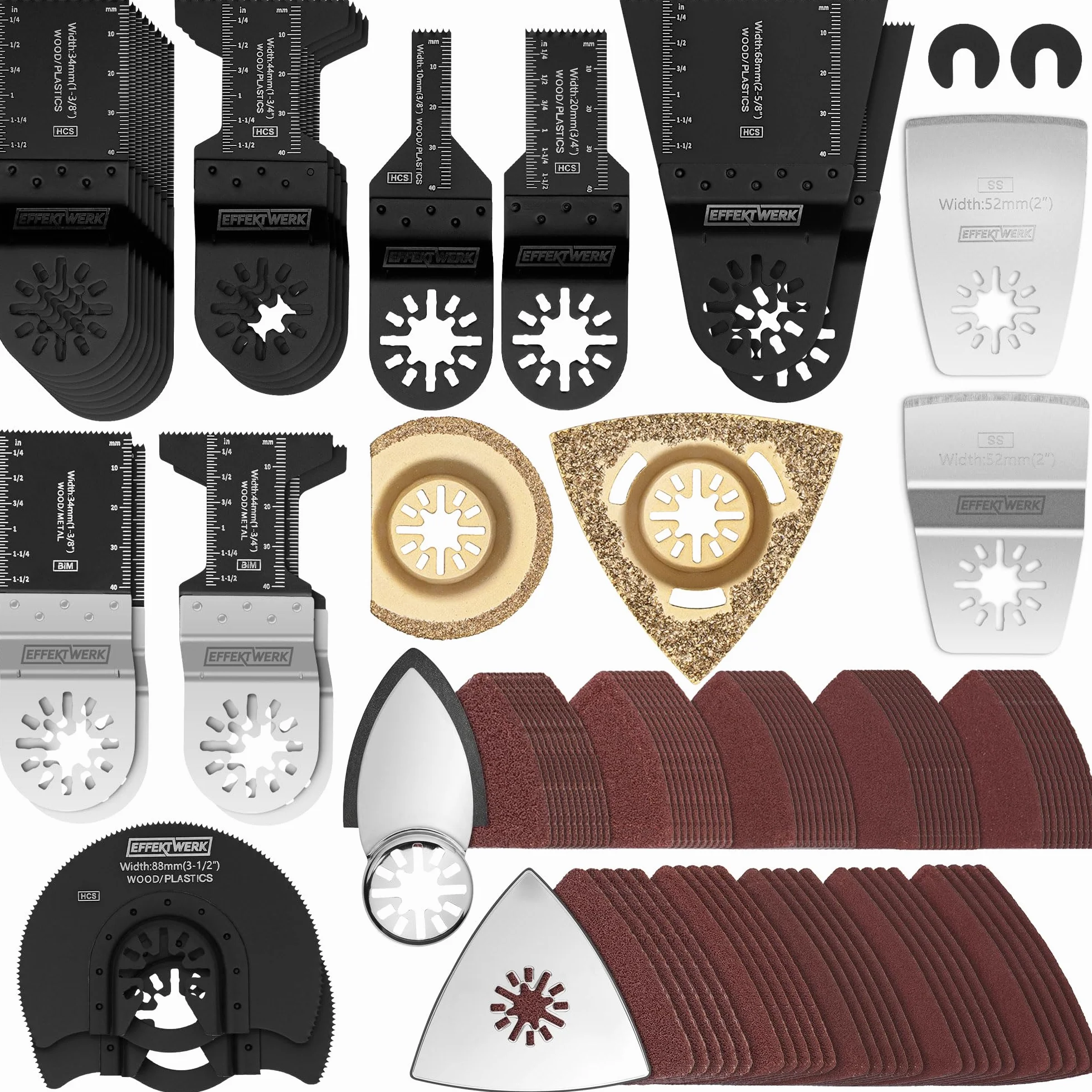 105 Pièces Lames de Scie et Kit de Ponçage pour Multitool - Accessoires Oscillants pour Bois, Plastique, Métal - Adaptateurs, Tampons de Ponçage, Papiers Abrasifs