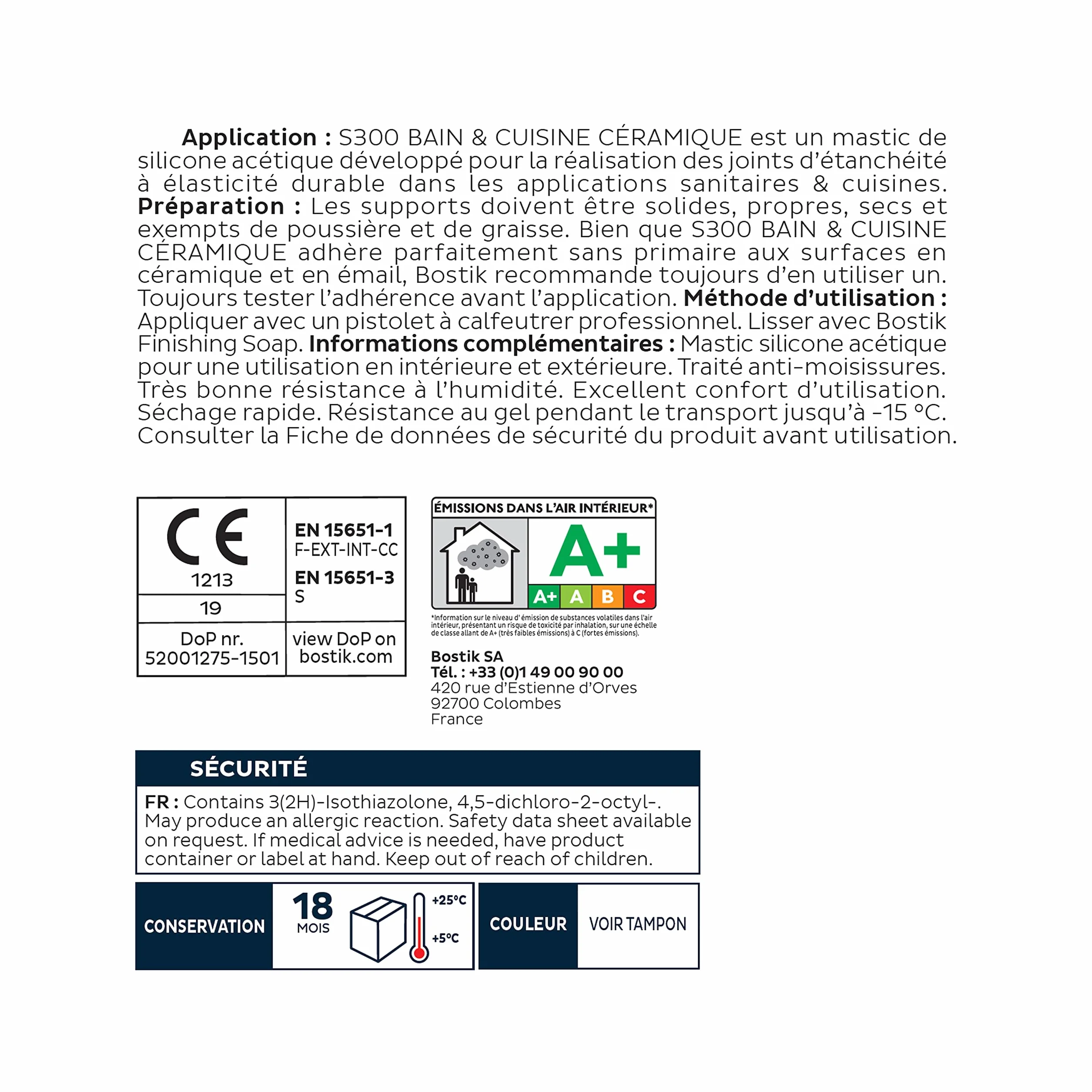 Bostik S300 – Mastic Silicone Etanchéité Bain et Cuisine – Traité Anti Moisissure – Facile à Lisser – Résiste aux Produits d'Entretien – Blanc – Cartouche de 300 ml