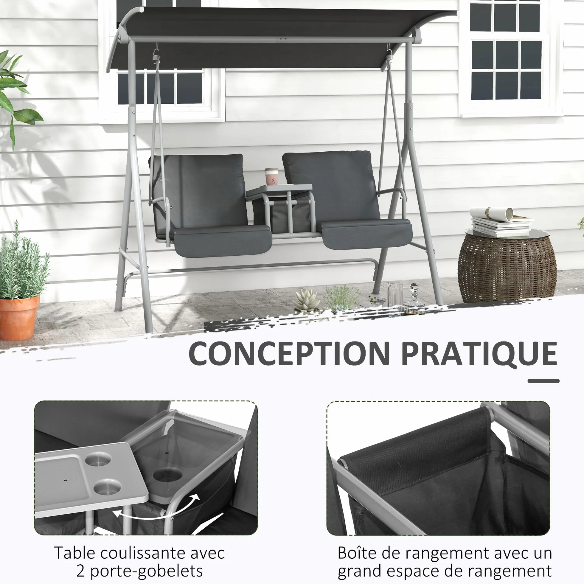 Outsunny Balancelle de Jardin 2 Places avec Auvent Inclinable Tablette Centrale 175x112x158 cm Gris
