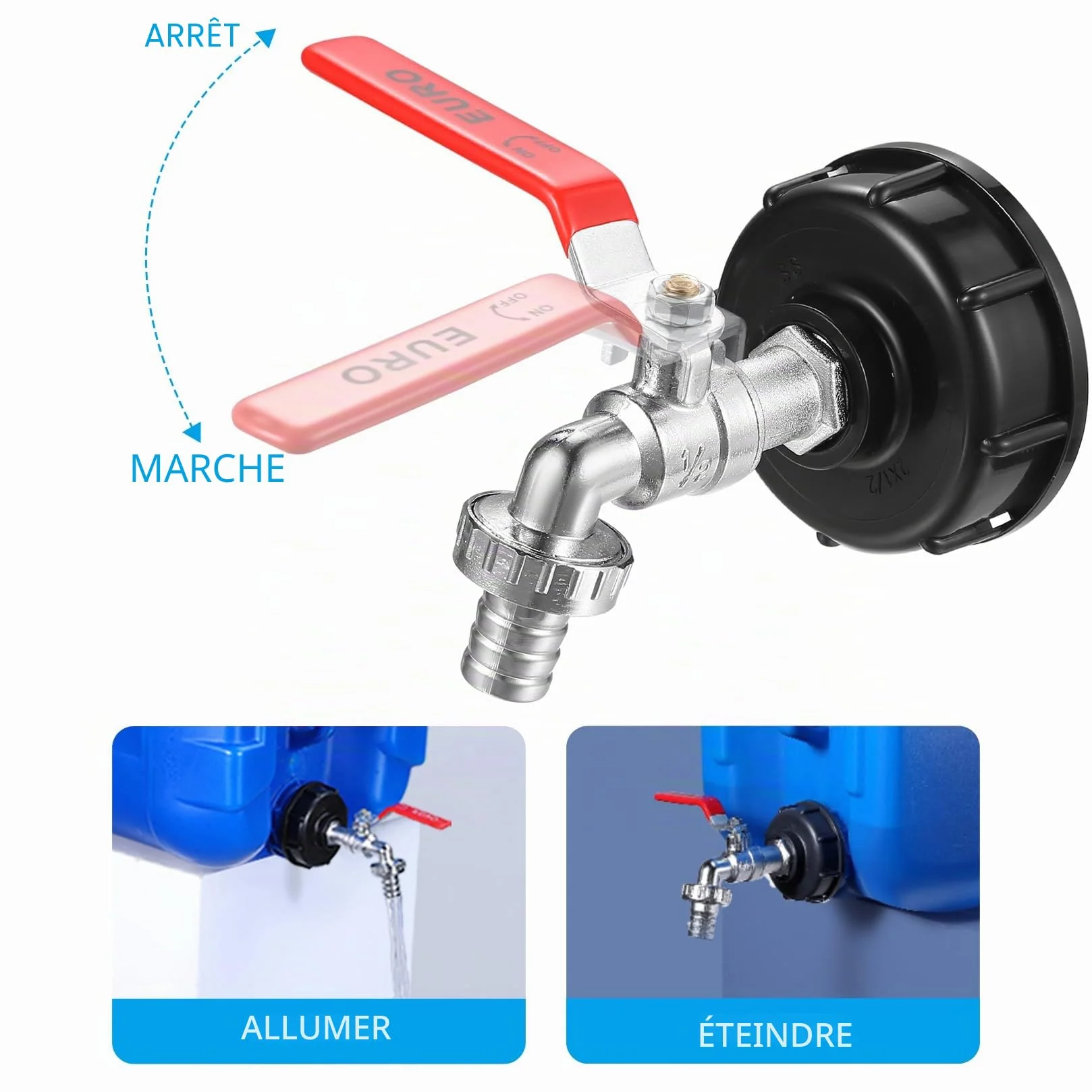 Robinet de Vidange IBC 1000L avec Adaptateur S60x6 1/2 Pouce, Robinet Antidérapant et Étanche