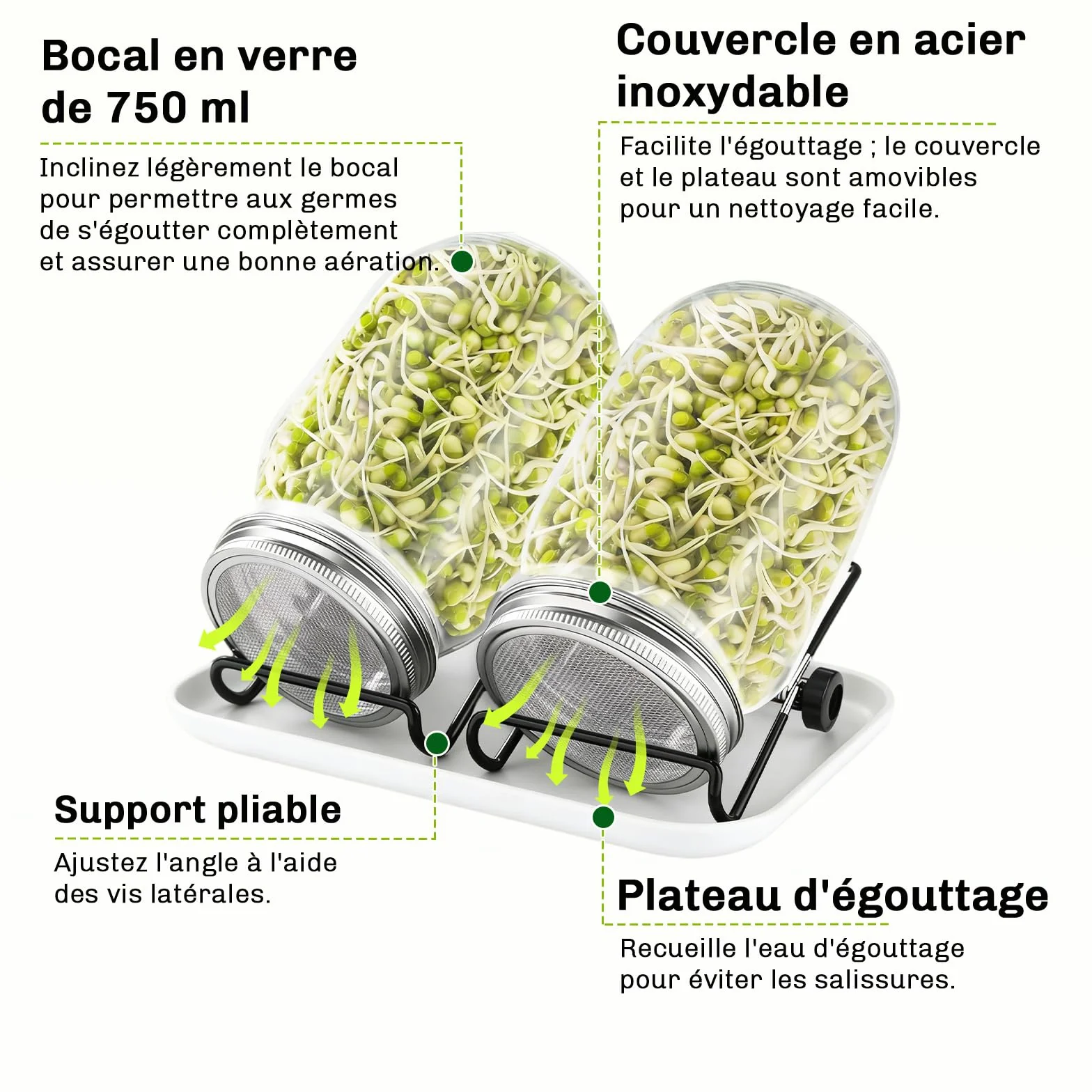 Bocal de Germination 2x750ml Germoir en Verre avec Couvercle Acier Inoxydable et Support