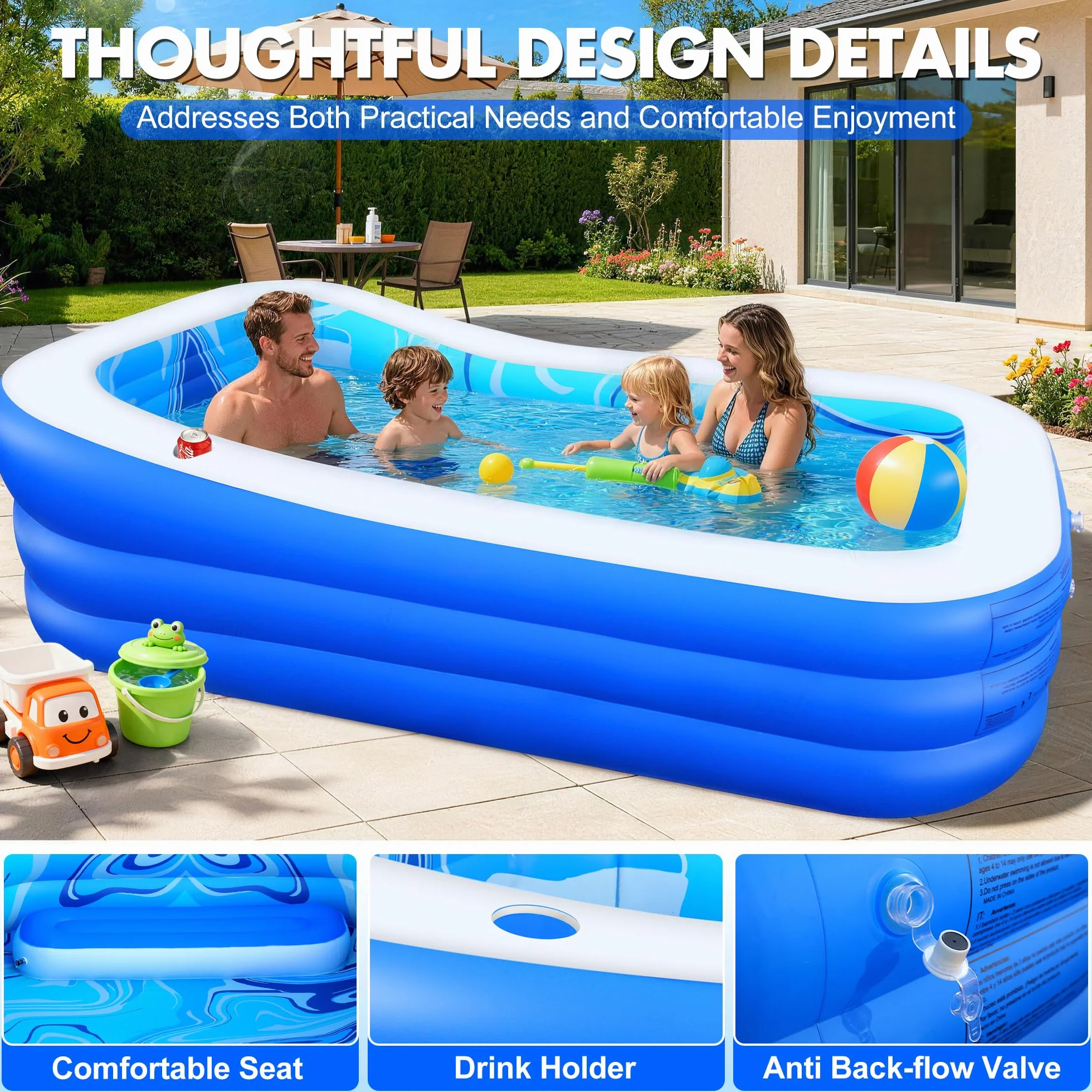 LuxBlue Piscine Gonflable Adulte 250x160x63cm Familiale avec Siège et Dossier 0.5mm Épaissi